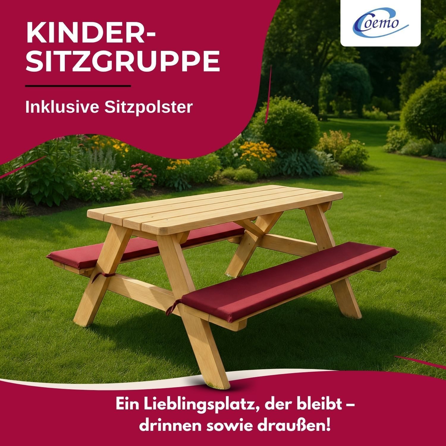 Coemo Garten-Kindersitzgruppe, (Set, 1-tlg), Braun Picknicktisch aus Holz Kinder Sitzgruppe Sitzgarnitur mit Kissen