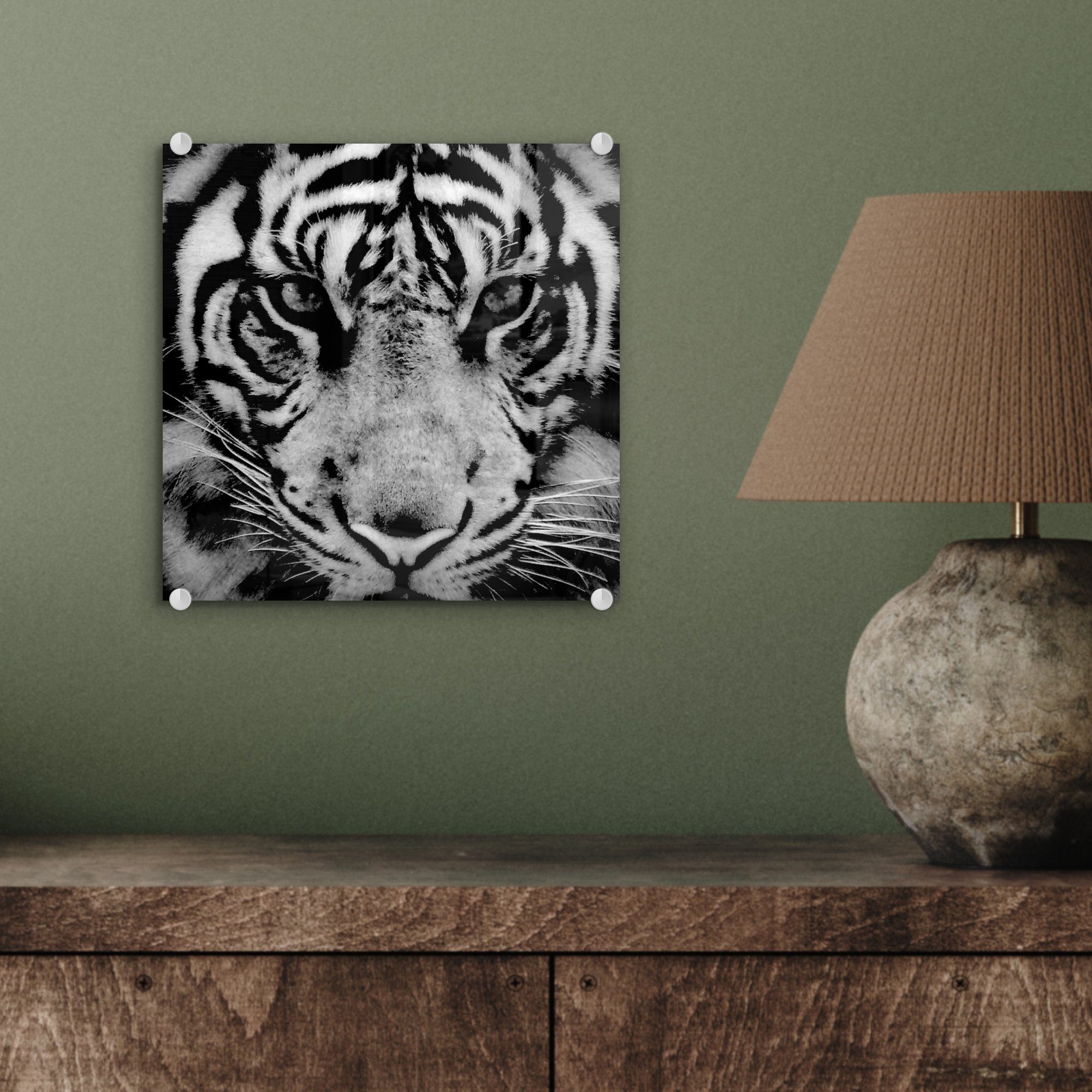Sumatra-Tiger schwarz vor weiß, St), Foto - Hintergrund MuchoWow und Wanddekoration in schwarzem Glasbilder (1 Wandbild Bilder - auf auf Glas Acrylglasbild Glas -