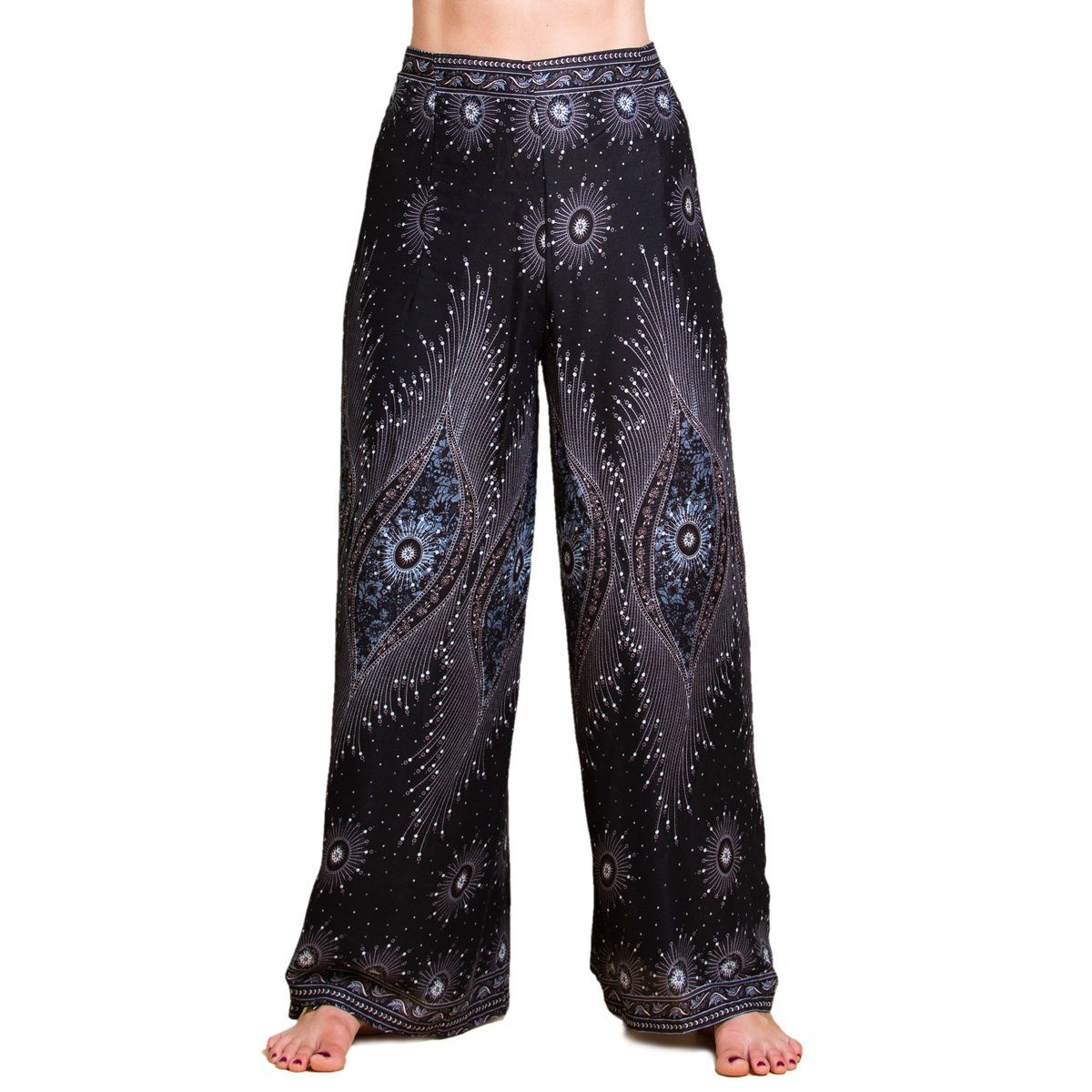 PANASIAM Palazzohose Sunshine Pants Wickelhose aus natürlicher Viskose Palazzohose im Peacock Design langer Boho Hosenrock Haremshose Pareo Hose