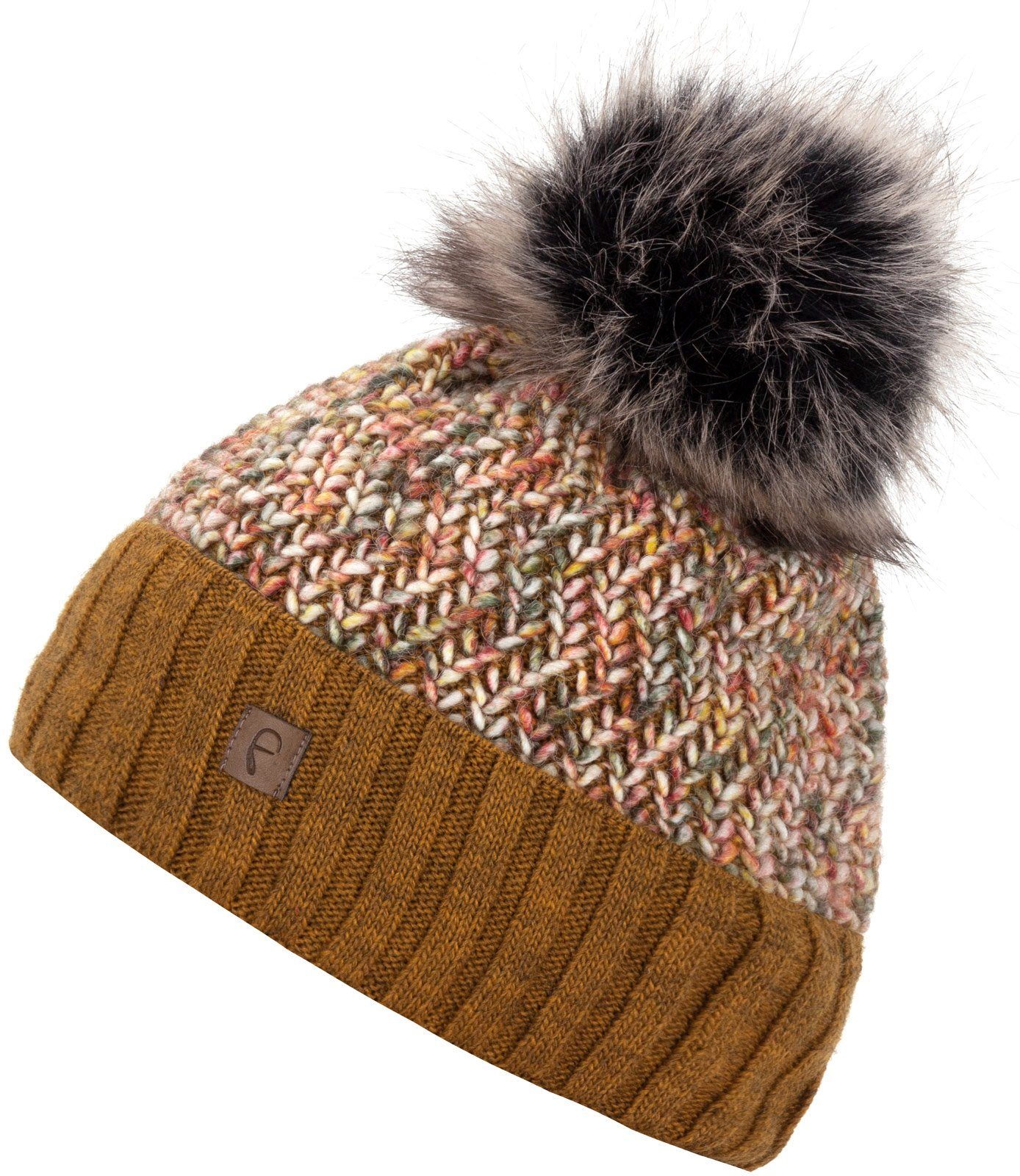 Damen Mütze Haube Faera Beanie Wintermütze Winter Bommelmütze gefüttert senf Strickmütze