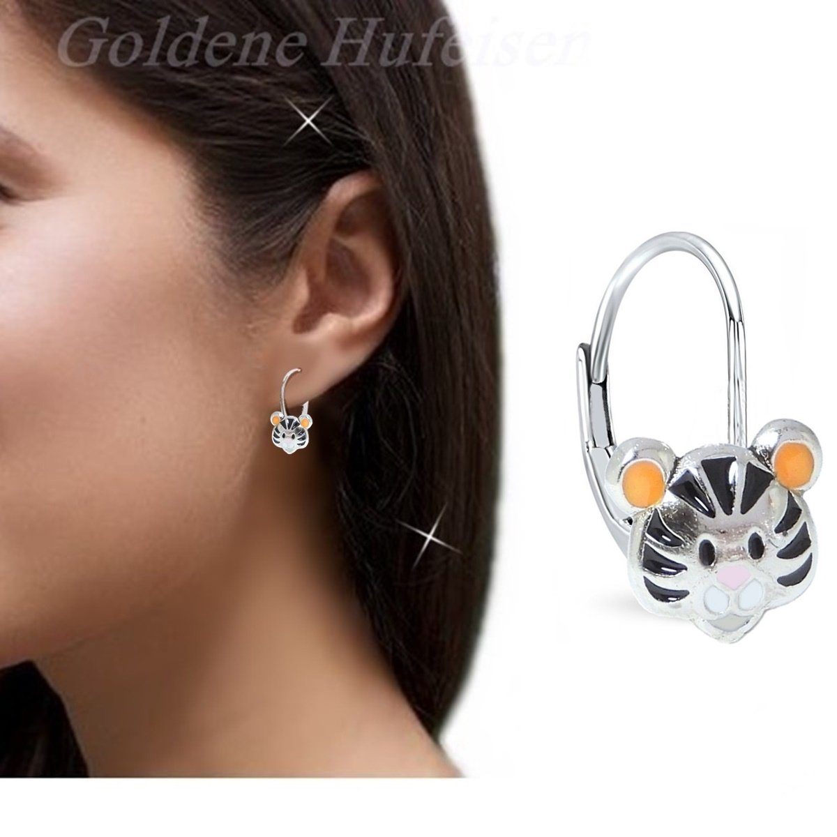 Silber Mädchen Ohrringe 925 Tiger Goldene inkl. Klappbrisuren Paar Emaille Etui), Ohrhänger (1 mit Paar, Kinder Rhodiniert Hufeisen