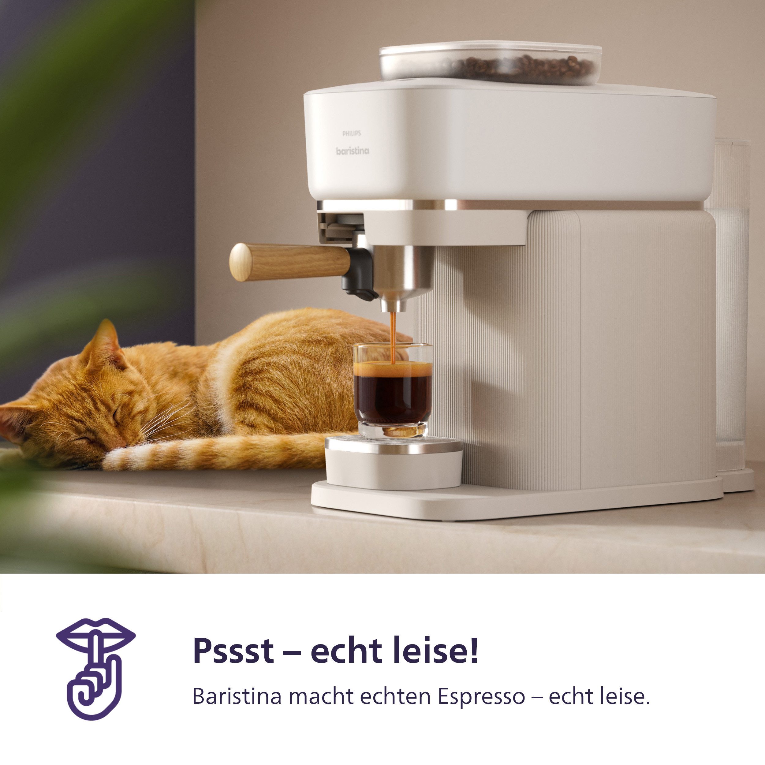 PHILIPS baristina Espressomaschine BAR302/20 mit Mahlwerk für ganze Bohnen, 16 bar Pumpendruck, Naturweiß/Eschenholz