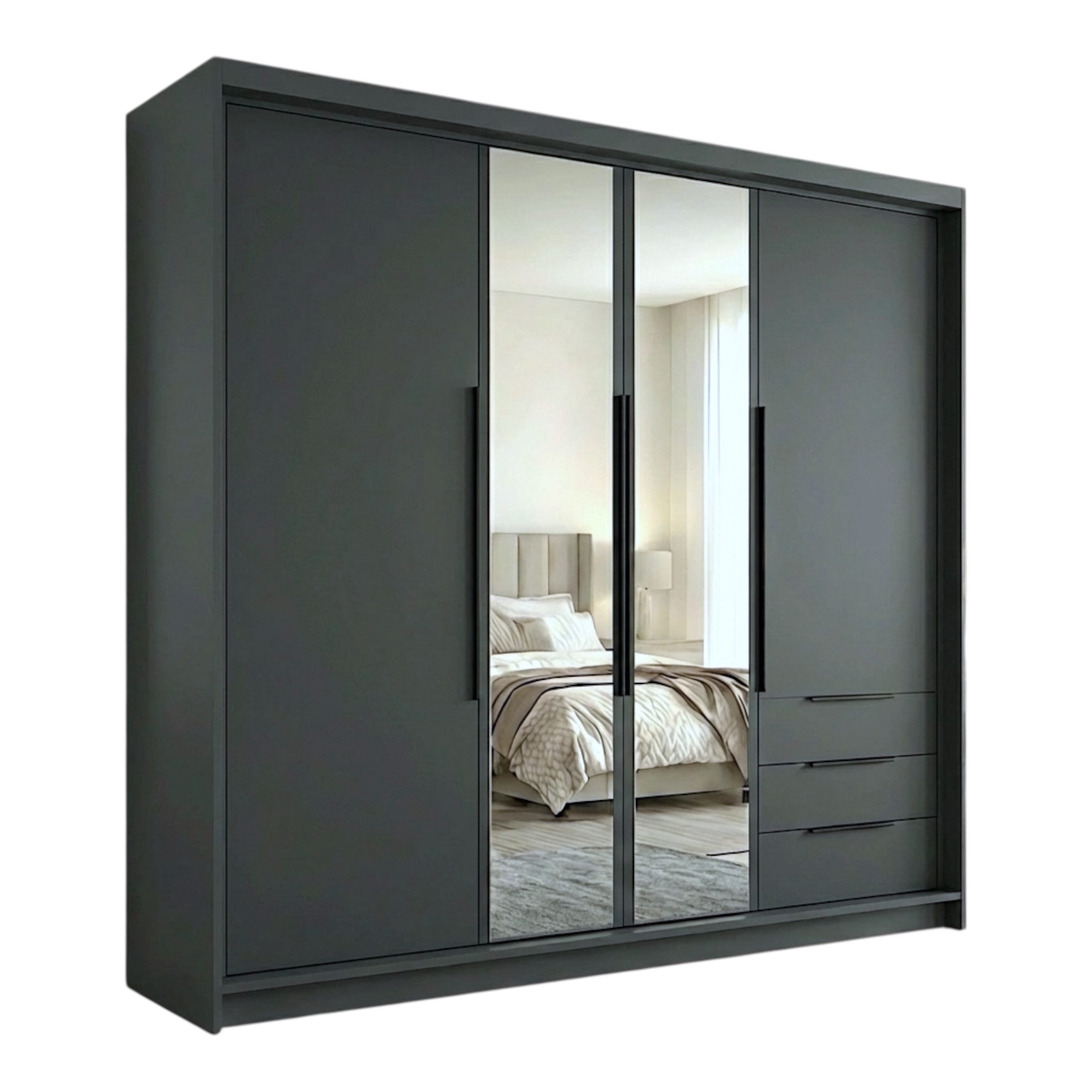 A&J MöbelLand GmbH Drehtürenschrank VIVO mit integrierten Schubladen (Geräumiger vier¬türiger Kleiderschrank mit Schubladen und Metallgriffen. Geräumiger Schrank mit einer Breite von 200 cm und Schubladen, ideal zur Aufbewahrung von Kleidung und Accessoir