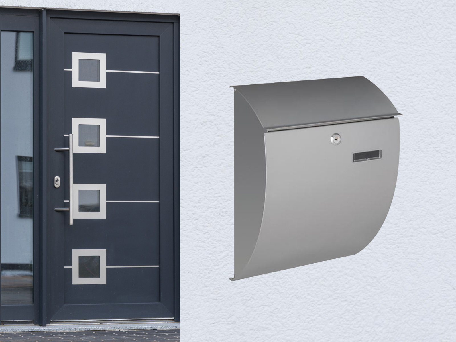 Thumbnail - PEREL Briefkasten, gebogen in Silber großer Stahl Postkasten mit Namensschild 2 Schlüssel