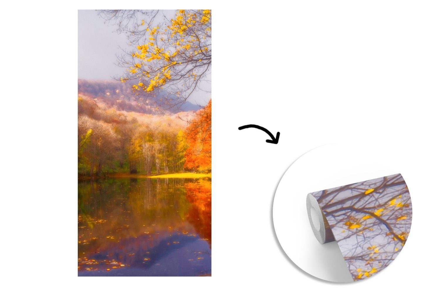 Natur Wald Matt, Wohnzimmer - Vliestapete MuchoWow bedruckt, Herbst, Fototapete St), - Schlafzimmer für Küche, Fototapete (2