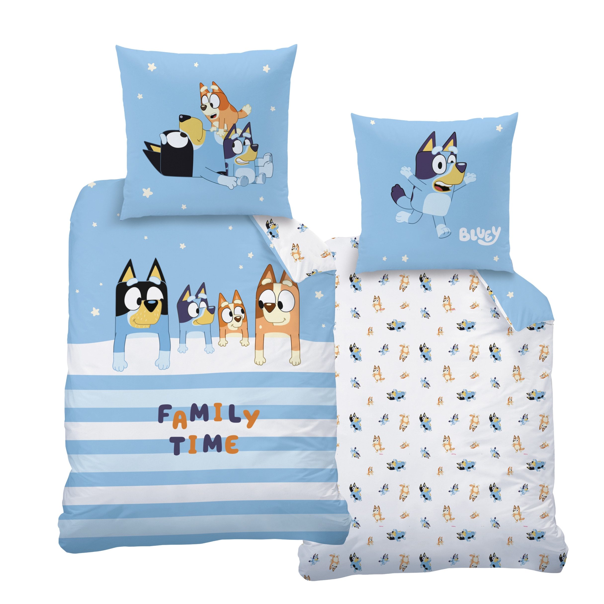 MTOnlinehandel Kinderbettwäsche Bluey Family Time 135x200 + 80x80 cm in Renforcé, Geschenkidee, 100% Baumwolle, 2 teilig, Wendebettwäsche für Mädchen und Jungen, Bluey & Family
