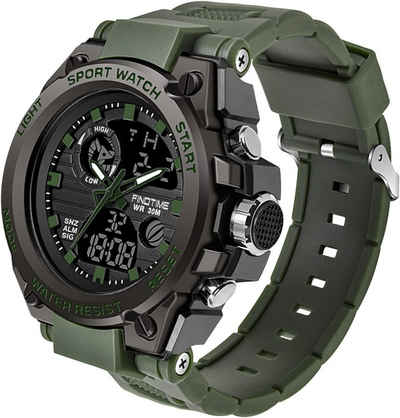 findtime Fur Herren Sport Uhren Militär Outdoor Große Smartwatch (2.09 Zoll), Armbanduhr Digital Analog Zwei Zeitzonen LED Kalender Männer Jungen