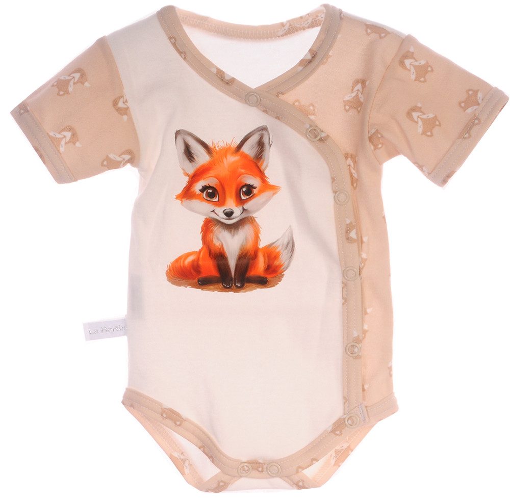 La Bortini Wickelbody Baby Body Kurzarmbody mit Fuchs gemustert neutral aus reiner Baumwolle, 44 50 56 62 68 74 80 86 92 98