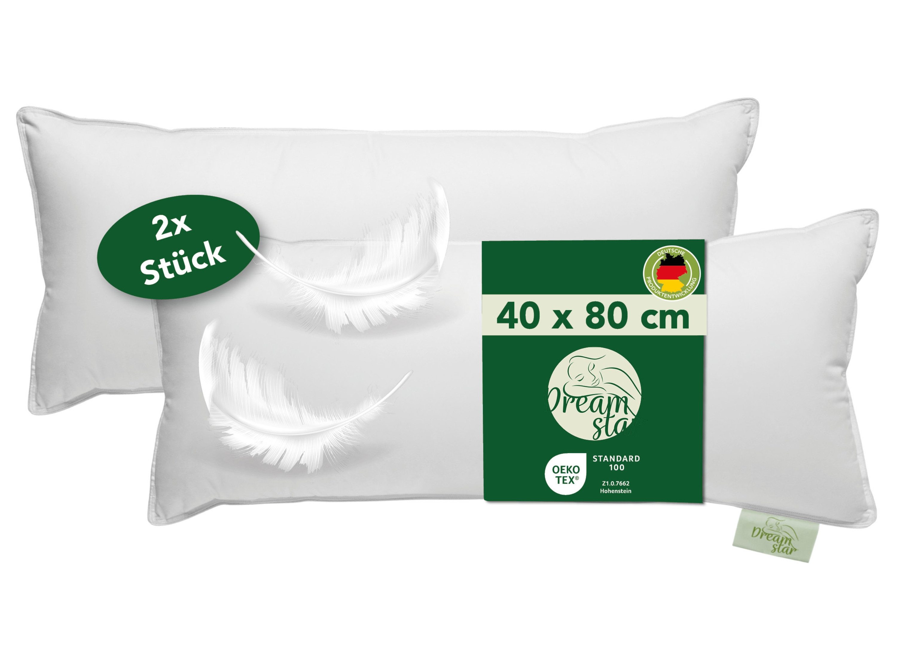 Dreamstar 3-Kammer-Kopfkissen Daunenkissen 40x80 & Daunenkopfkissen 80x80, entwickelt in Deutschland, Füllung: weiße, neue Daunen & Federn Klasse I, 60% Daunen/ 40% Federn (Außen), 100% Federn (Innen), Bezug: 100% Baumwolle, Seitenschläfer, Bauchschläfer,