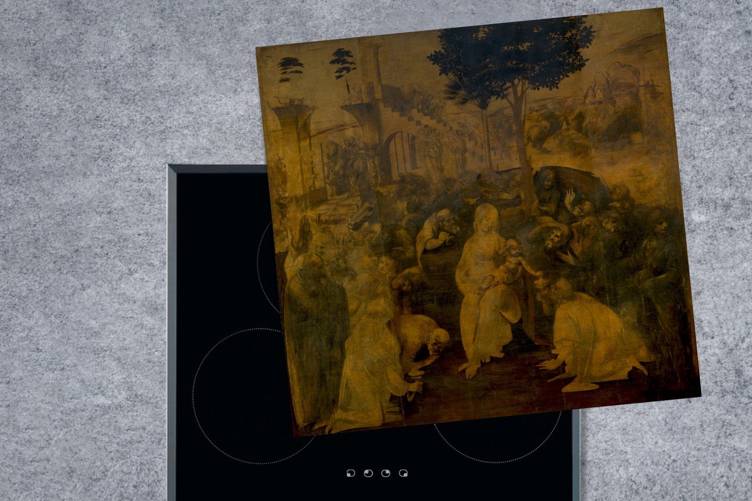 cm, Vinyl, Anbetung da - Vinci, (1 Induktionsmatte der Leonardo die Könige 59x52 Ceranfeldabdeckung küche, für tlg), MuchoWow Herdblende-/Abdeckplatte