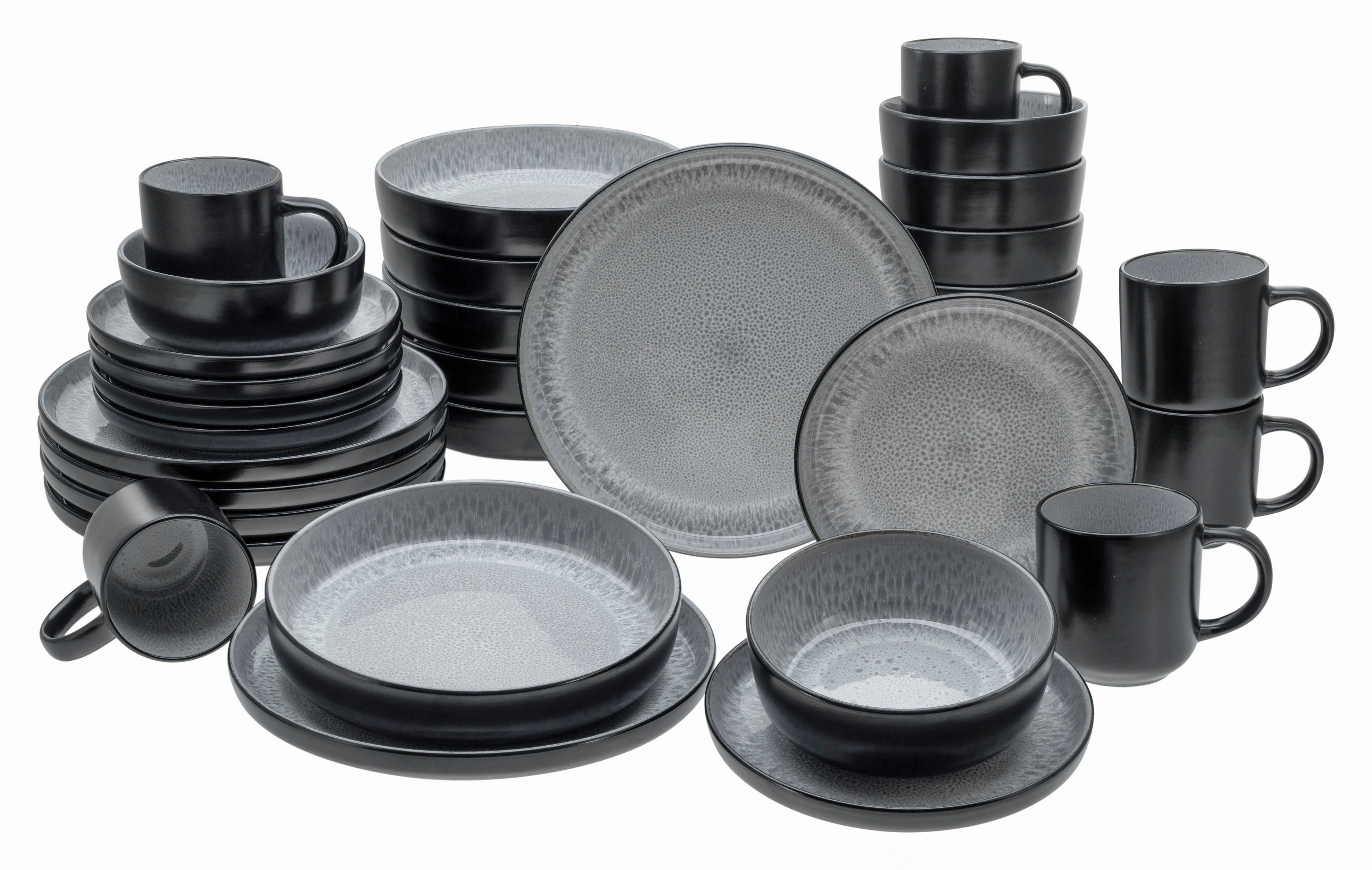 CreaTable Kombiservice Nordic Fjord (30-tlg), 6 Personen, Steinzeug, je 6 Speiseteller, Suppenteller, Dessertteller, Schalen, Kaffeebecher