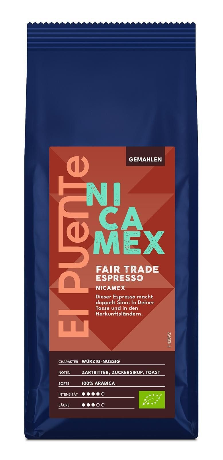 El Puente Kaffee NicaMex - Bio-Espresso gemahlen 250 g, Fair Trade, Vegan, Bio, Handmade