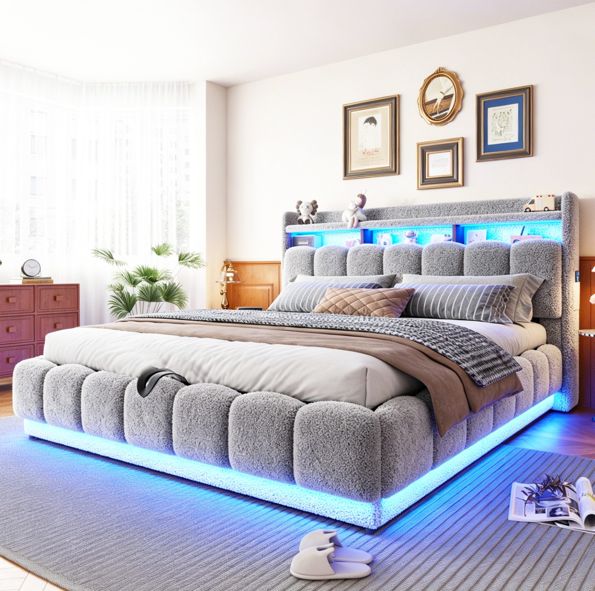 MODFU Polsterbett mit LED-Lichtleiste und USB-Anschluss, Stauraumbett (180x200 cm, Lammfell-Optik-Oberfläche, hydraulischem Stauraum sowie stabilem Metall-Lattenrost, 1-tlg., Doppelbett Funktionsbett), ohne Matratze