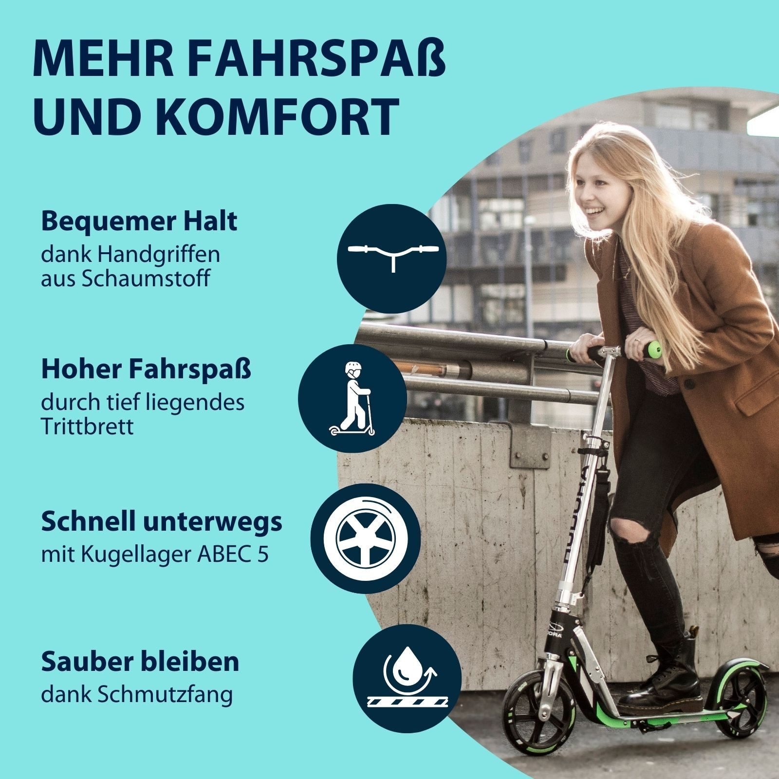 Hudora Cityroller BigWheel® 205 Tretroller - Höhenverstellbar & zusammenklappbar, (Kinder- & Erwachsenenroller für bis zu 100kg - Tretroller mit Ständer, Stabiler Aluminium-Roller), einklappbarer, höhenverstellbarer Kick-Scooter