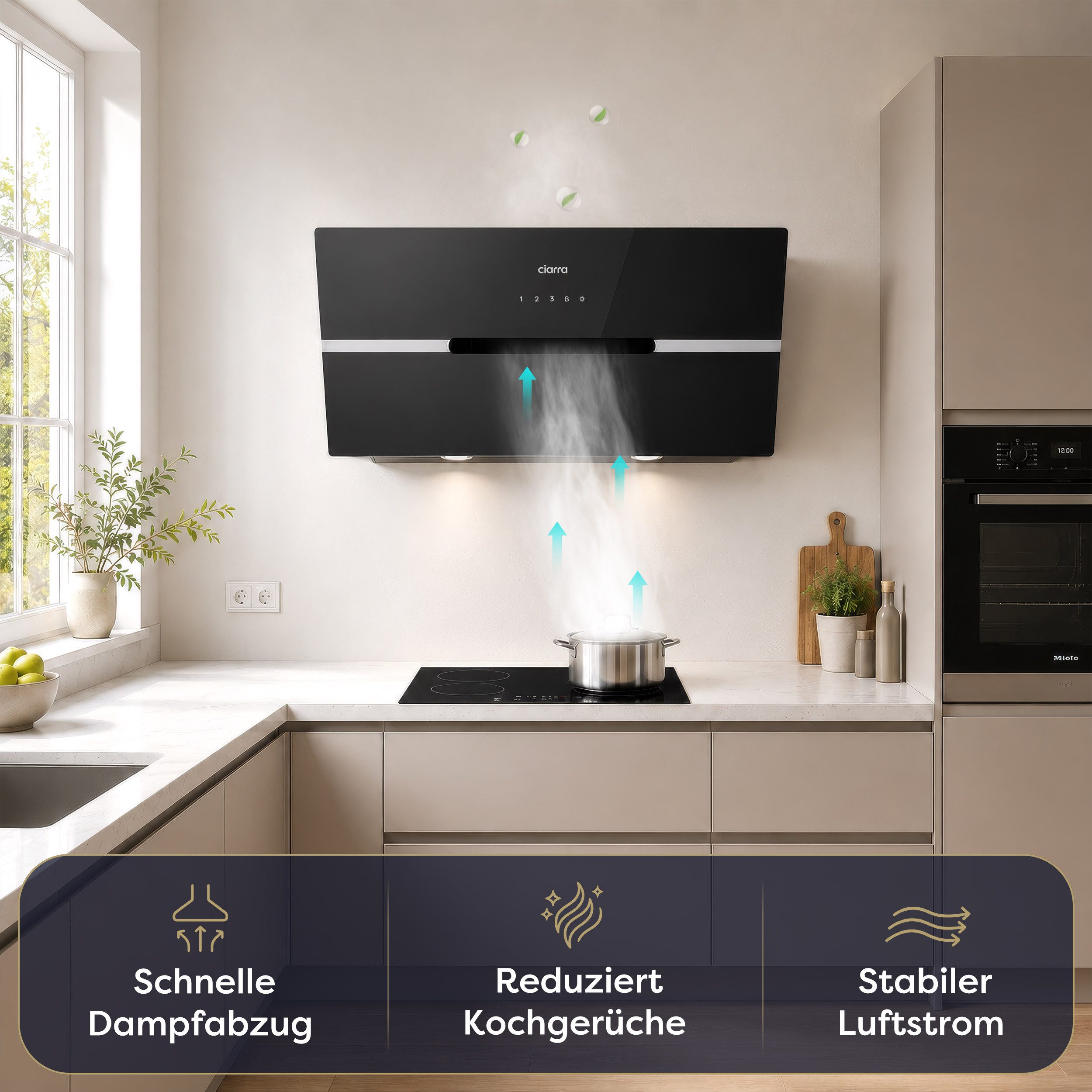 CIARRA Kopffreihaube 90 cm Dunstabzugshaube A+++ 683 m³/h starke Saugleistung LED VMB9736F Serie 4 Stufen Inkl. BOOST Leise Schräghaube WIFI-APP Touch Control Umluft & Abluft