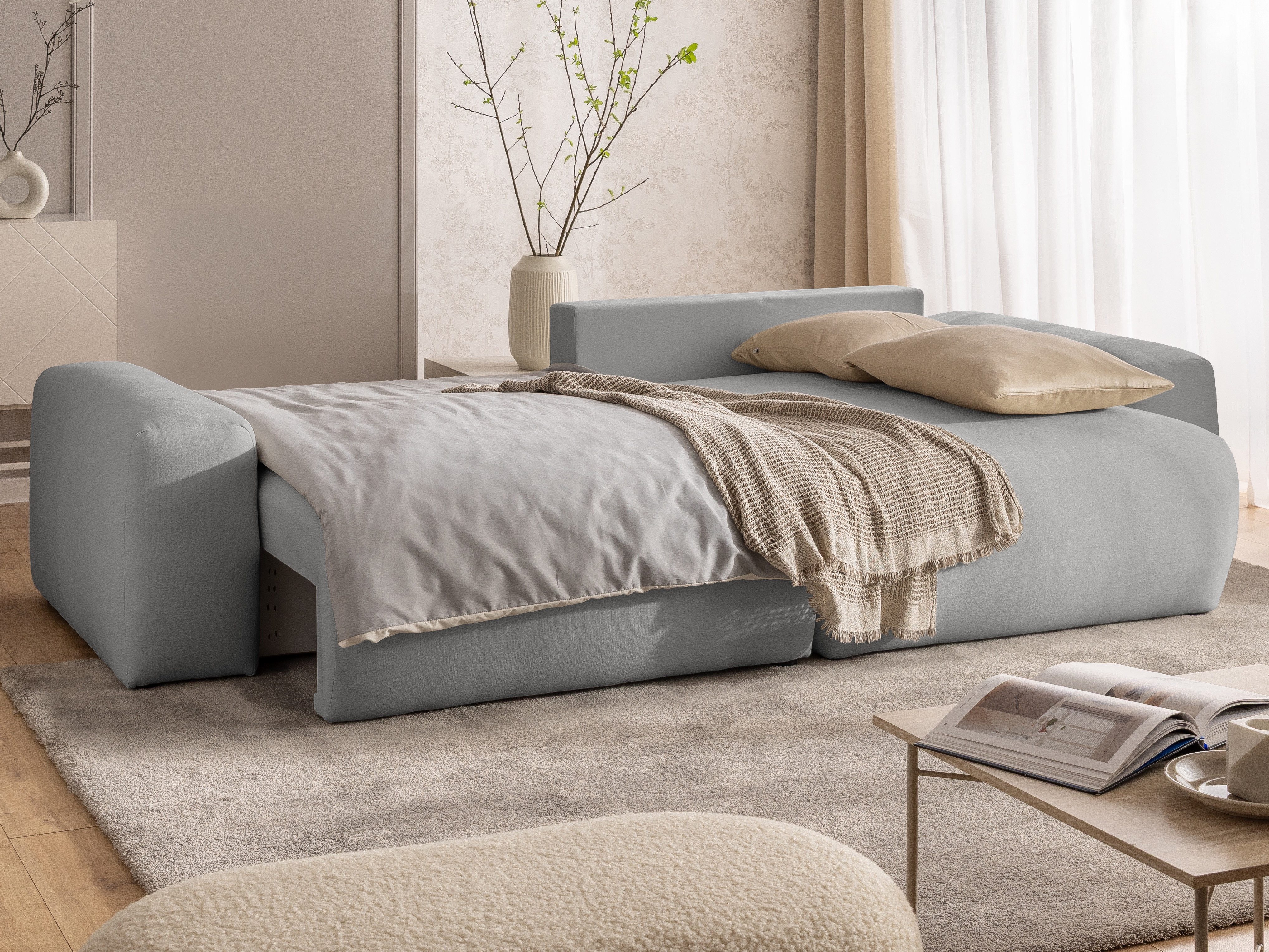 S-Style Möbel Ecksofa Puffy mit Schlaffunktion und Bettkasten - besonders weich und puffig, aus Webstoff, mit Wellenfederung