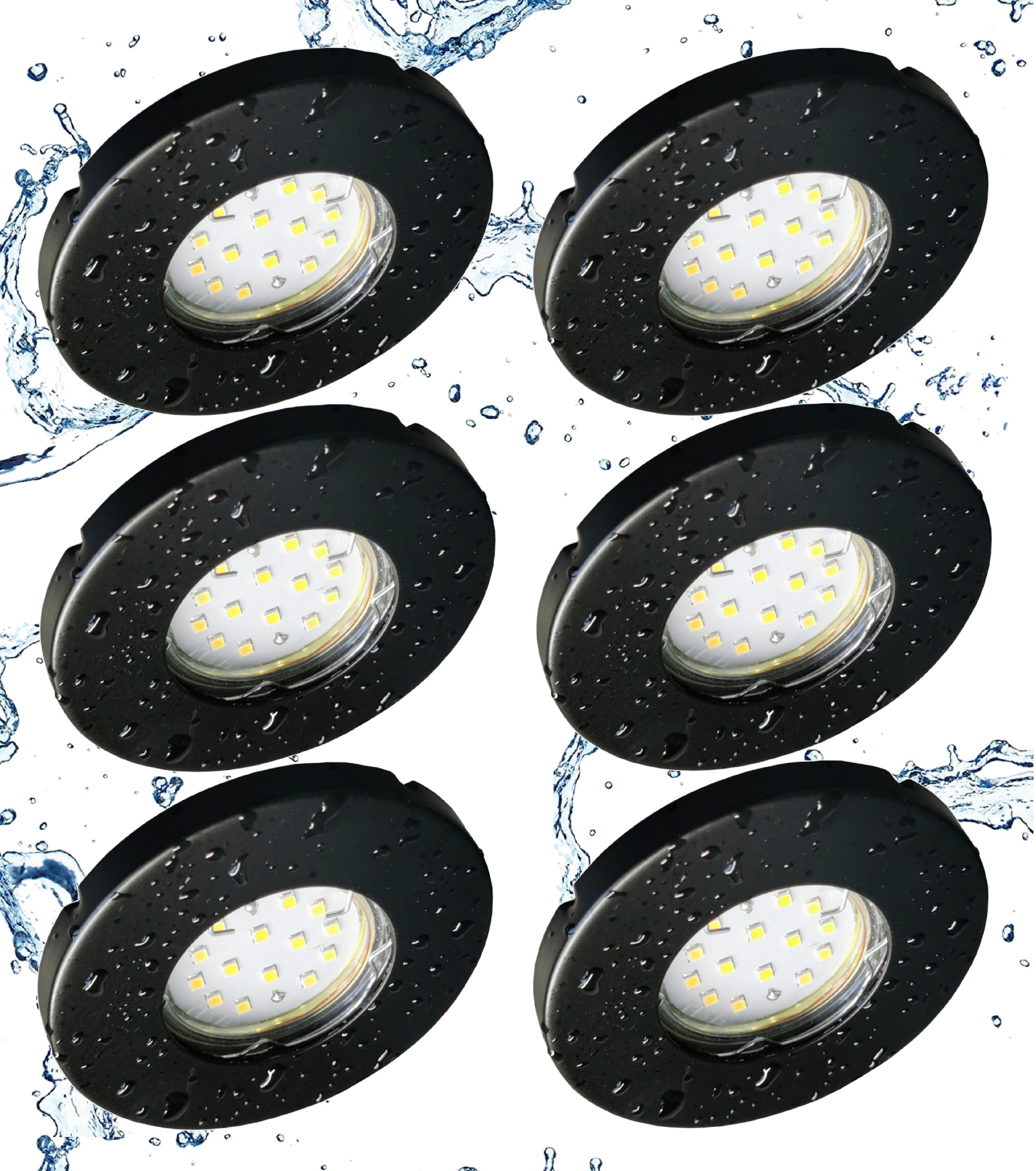 TRANGO LED Einbaustrahler, 6er Set 6729IP-065MO LED Einbaustrahler IP44 Schwarz matt inkl. 6x 5 Watt 3000K warmweiß Ultra Flach LED Modul für Bad, Dusche, Einbauspots, Deckenstrahler, Deckenlampe, Badleuchte