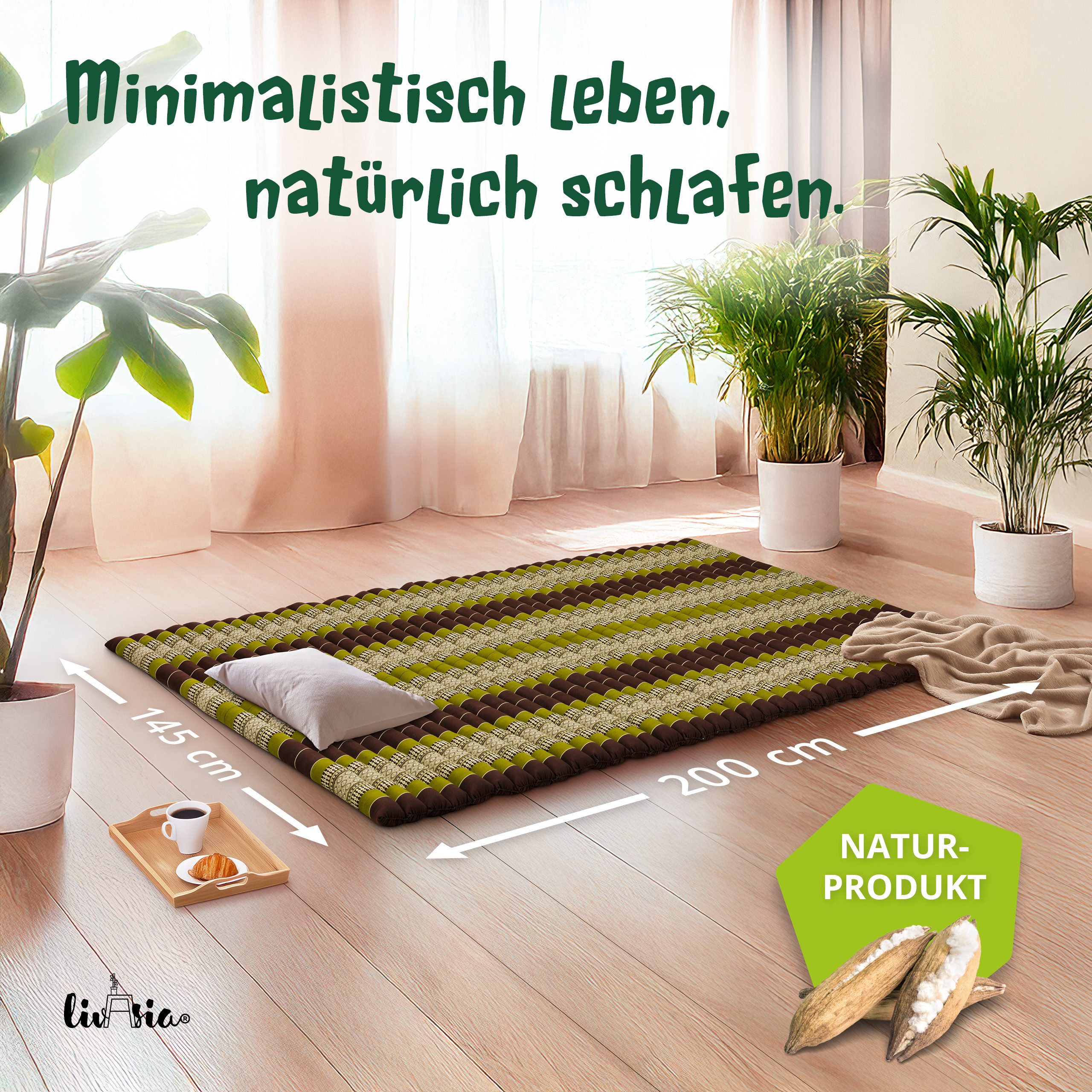 Reisebett-Matratzen Rollmatte 145 cm breit, vegan und handgefertigt, 200x145x4,5cm, livasia, 4.5 cm hoch, Kapok