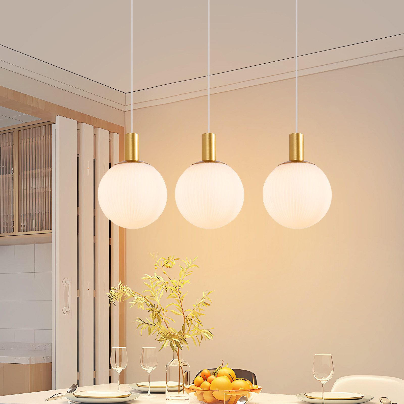 ZMH Pendelleuchte Esszimmer 3/4 Flammig E27 Gold-Weiß Kronleuchter Schlafzimmer Hotel, Höhenverstellbar, ohne Leuchtmittel, 182CM Retro Hängeleuchte für Wohnzimmer