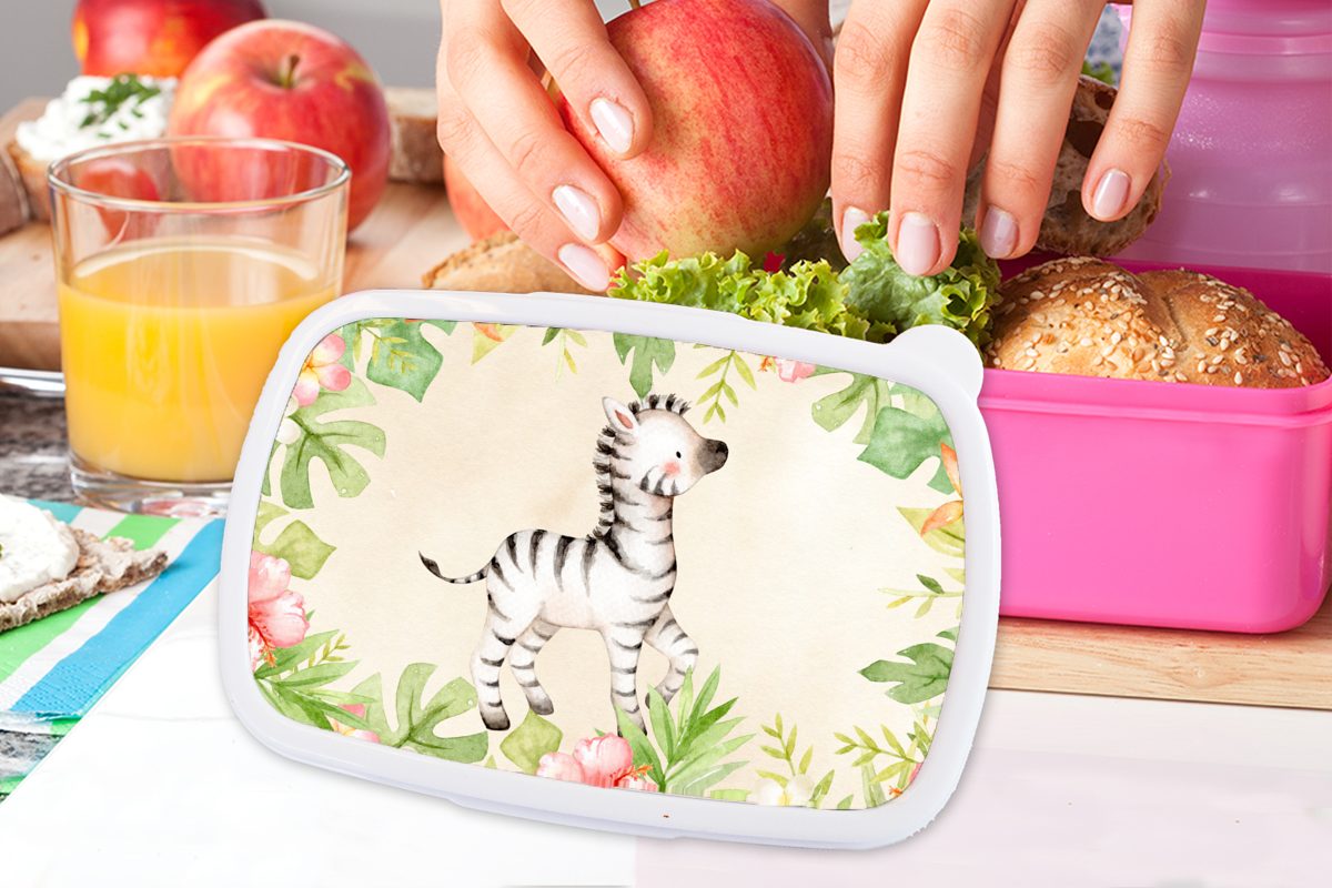 MuchoWow Lunchbox Brotbox (2-tlg), Kinder, - - Zebra rosa Kunststoff Dschungel Mädchen, Snackbox, Brotdose für Kunststoff, Aquarell, Erwachsene