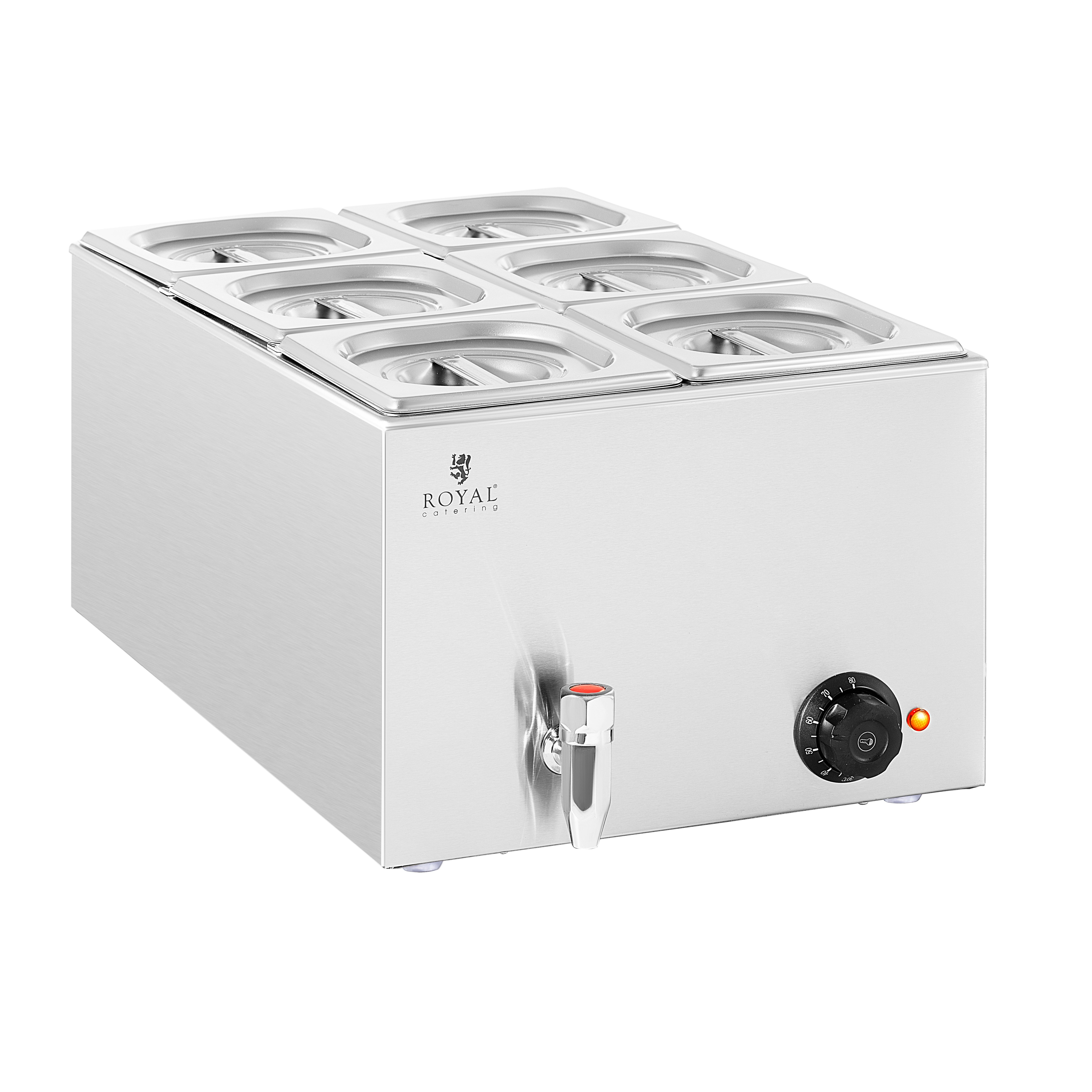 Royal Catering Speisenwärmer Bain Marie 6 x GN 1/6 Ablasshahn 600W Warmhaltebehälter 30-80°C Gastro