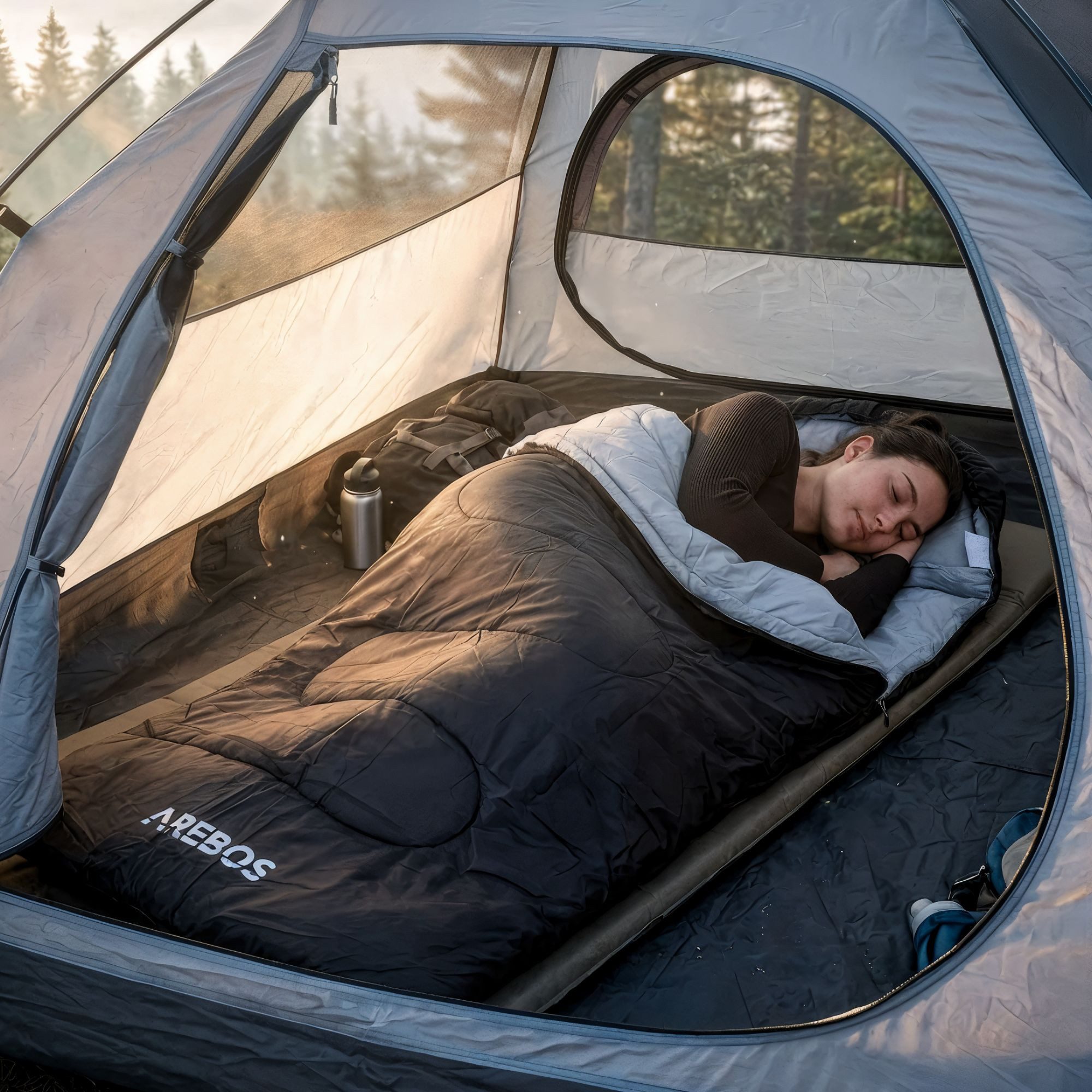 Arebos Schlafsack 220x83 cm Camping Outdoor 5-25°C Schwarz (Schlafsack), SBS-2-Wege-Reißverschluss, Kompressionsbeutel, verstellbare Kapuze