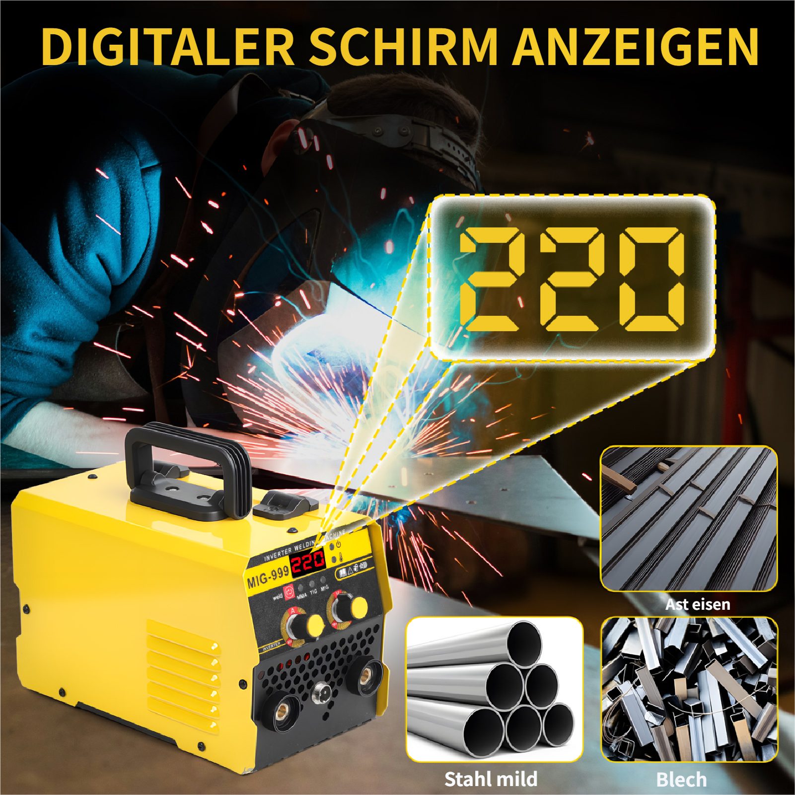 Rutaqian Elektroschweißgerät MIG Schweißgerät 150A, 3 in 1 MIG-Schweißer-Inverter, LED-Digitalanzeige MIG-Schweißer, tragbare gaslose Schweißgeräte
