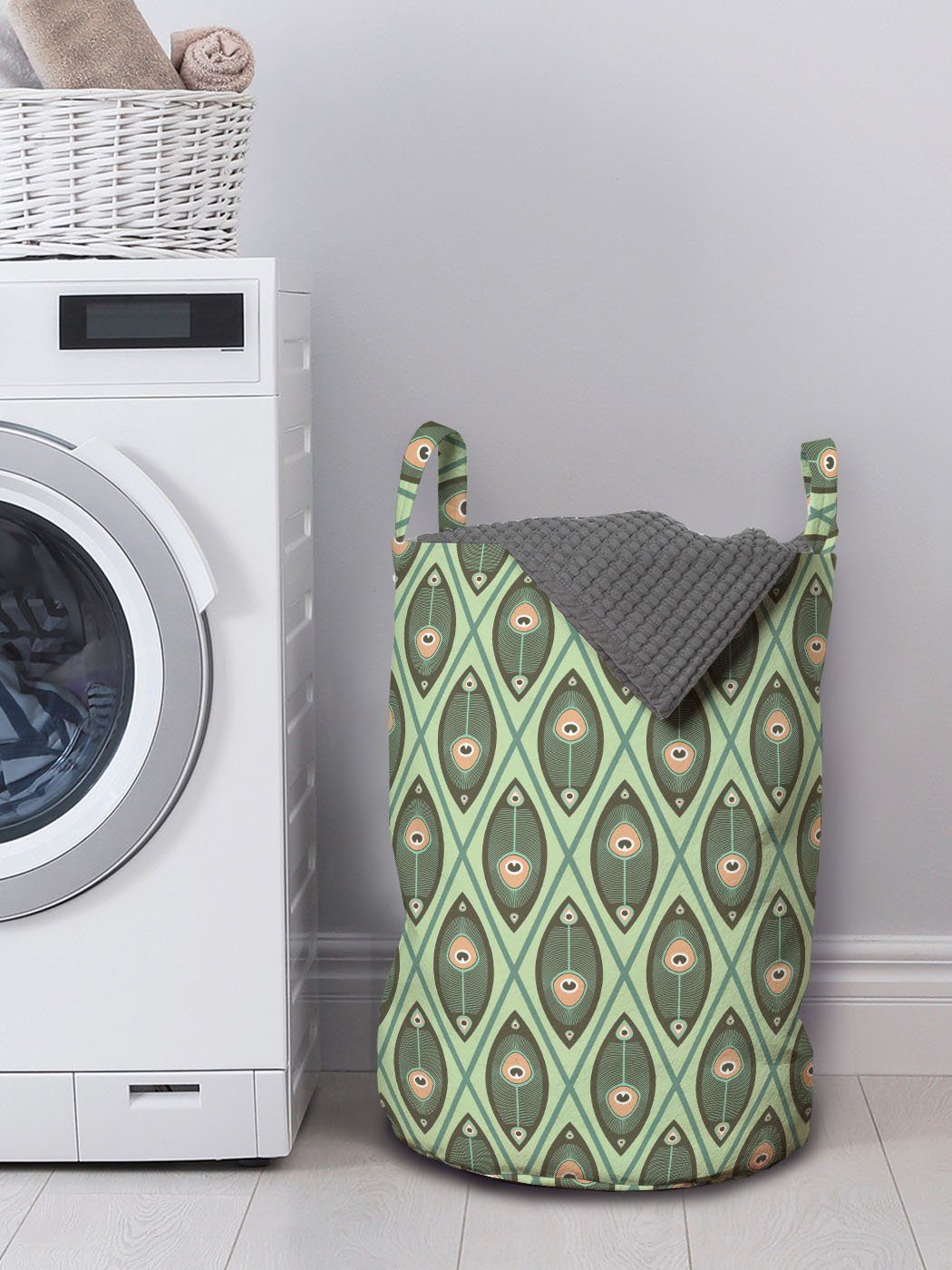 Abakuhaus mit für Griffen Pfauenfedern Wäschesäckchen Kordelzugverschluss Wäschekorb Geometrisch Waschsalons,
