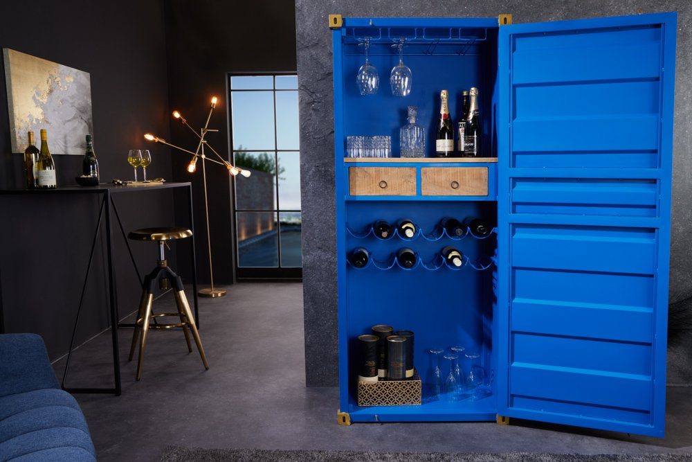 riess-ambiente Barschrank GLOBETROTTER 180cm blau/gold - Eisen, Mangoholz, Upcycling, Bar (Einzelartikel, 1-St) Industrial Weinregal für Alkohol - ideal für Wohnzimmer oder Küche