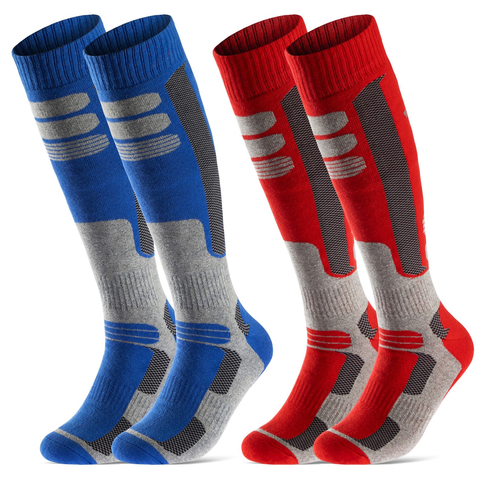 sockenkauf24 Skisocken 2 Paar Ski Strümpfe Herren & Damen Ski Socken lang (Rot/Blau, 39-42) Atmungsaktiv - 42816