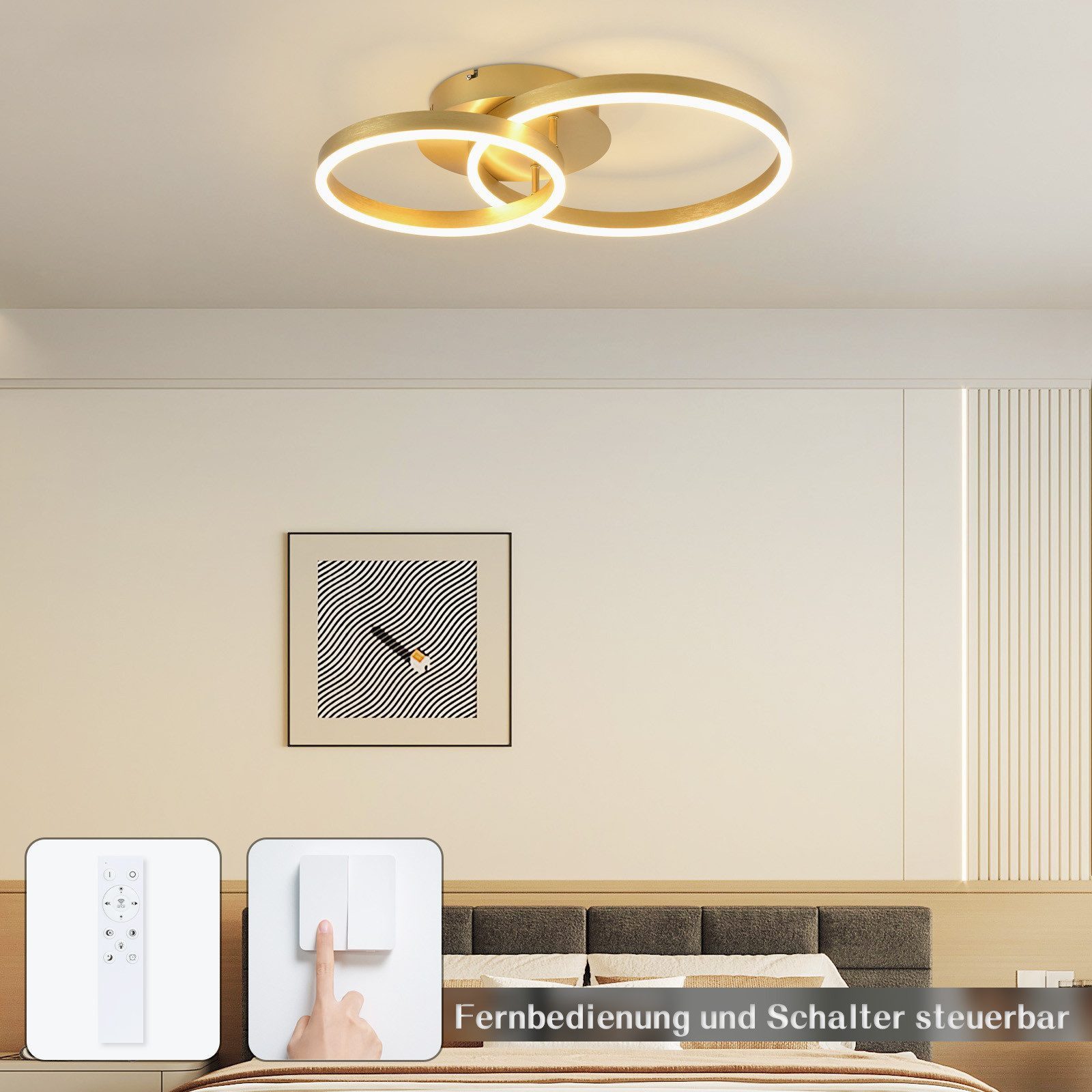 ZMH LED Deckenleuchte Dimmbar Schwarz/Gold Ringe Deckenlampe Modern 46/74W Wohnzimmer, LED fest integriert, 3000-6500K, Metall aus Acryl Schlafzimmerlampe mit Fernbedienung