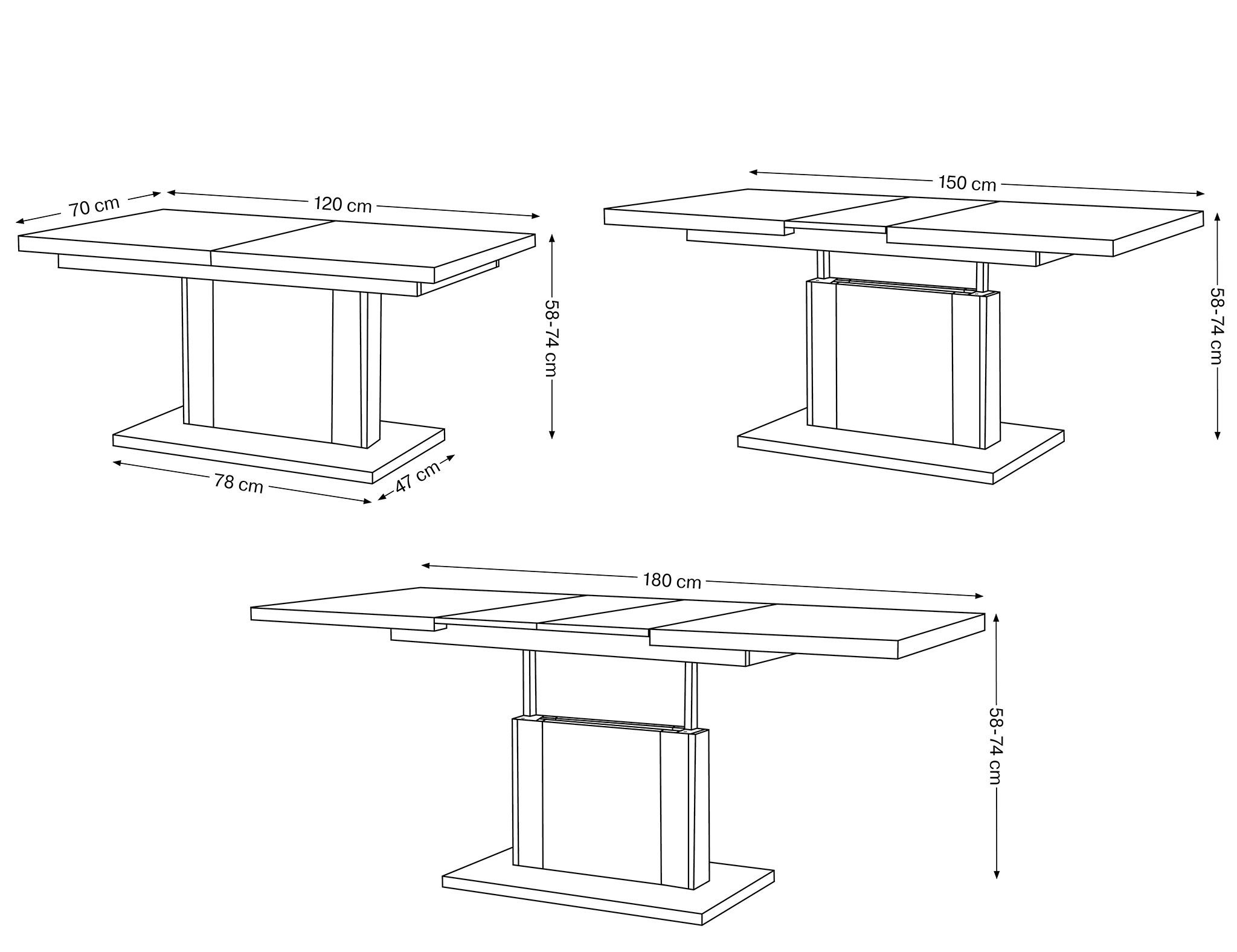 designimpex Couchtisch Design Couchtisch stufenlos höhenverstellbar Orion - Schwarz ausziehbar matt Esstisch Beton