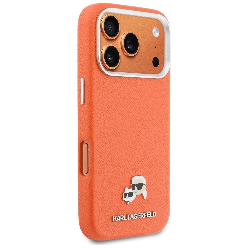 KARL LAGERFELD Handyhülle iPhone 17 Pro Kunstleder orange MagSafe Logo Metall Figuren 6,3 Zoll, Kantenschutz – Bild 4 von 5