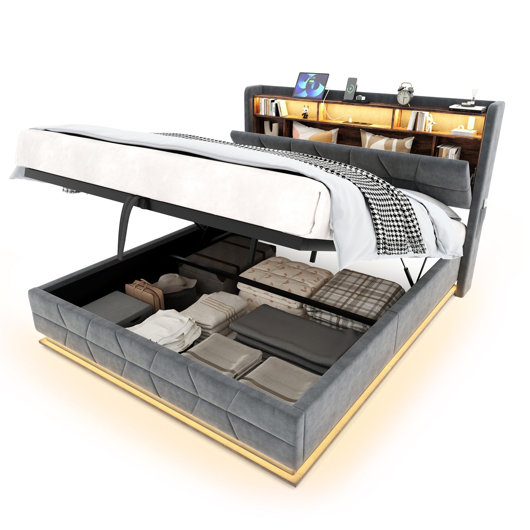 MC Star Polsterbett Multifunktionales Bett mit LED-Beleuchtung, Offene Regale (Seitentaschen und USB/Type-C-Ladestation – Stauraum-Kopfbrett plus Federholzrahmen (300 kg) für maximalen Komfort.140*200cm Dunkelgrau)