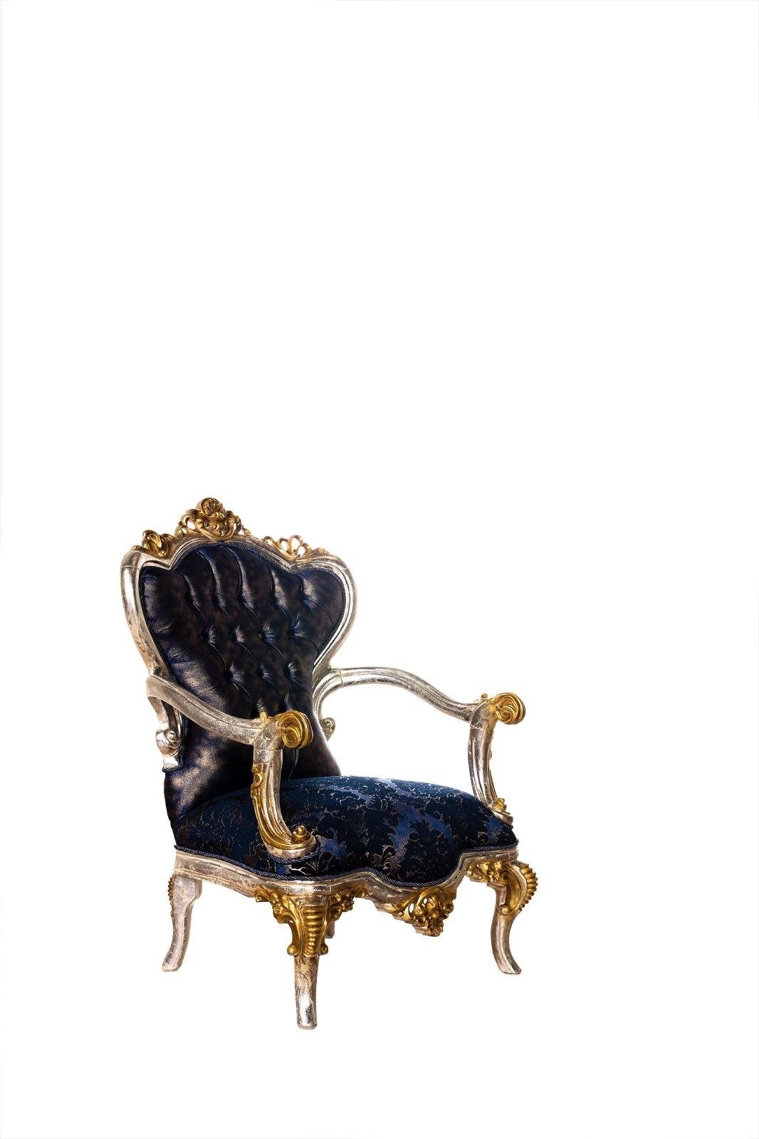 JVmoebel Sessel, Luxus Sessel Klassischer Thron Stuhl Lehnstuhl Barock Samt Blau Gold