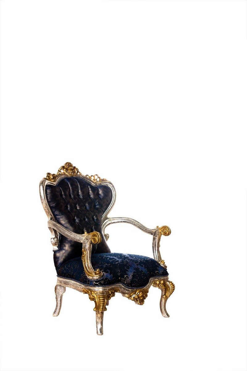 JVmoebel Sessel, Luxus Sessel Klassischer Thron Stuhl Lehnstuhl Barock Samt Blau Gold