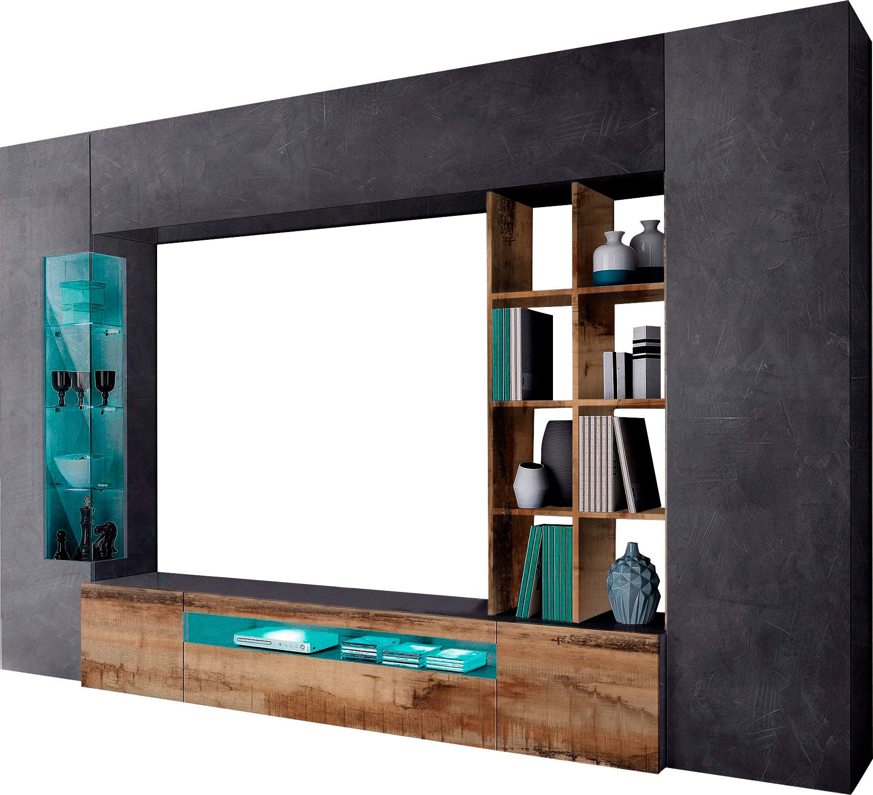 OTTO home Wohnwand New Egypt, Anbauwand, Medienwand, Wohnzimmerwand, (Set, 5-St., 2 Klappen,2 kleine Türen,2 große Türen), Regalaufsatz Breite 290 Höhe 191