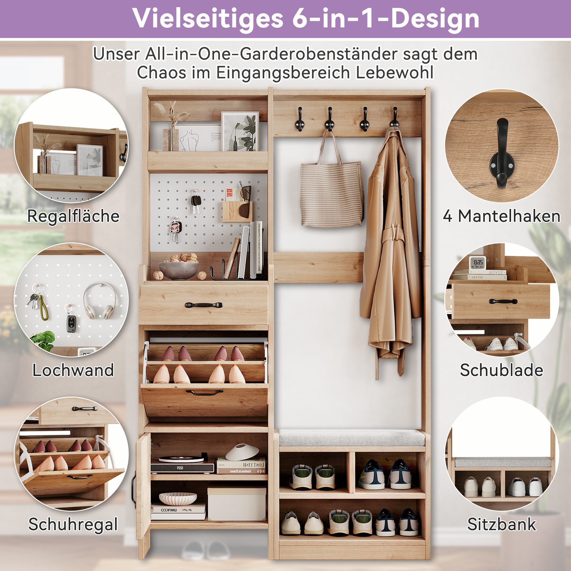 Merax Garderoben-Set in Naturholzoptik, Kompaktgarderobe mit Pegboard, (1-St., B108.5 × T35 × H180 cm), Flurgarderoben mit Schuhbank, 4 Kleiderhaken, Schublade  – Bild 4 von 5