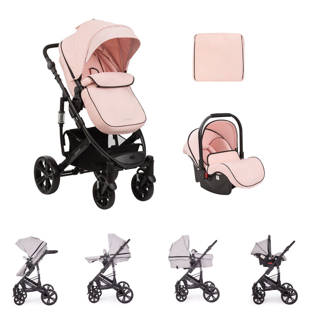 Kikkaboo Kombi-Kinderwagen Kombikinderwagen 3 in 1 Beloved, Babywanne Autositz Wickeltasche faltbar pink