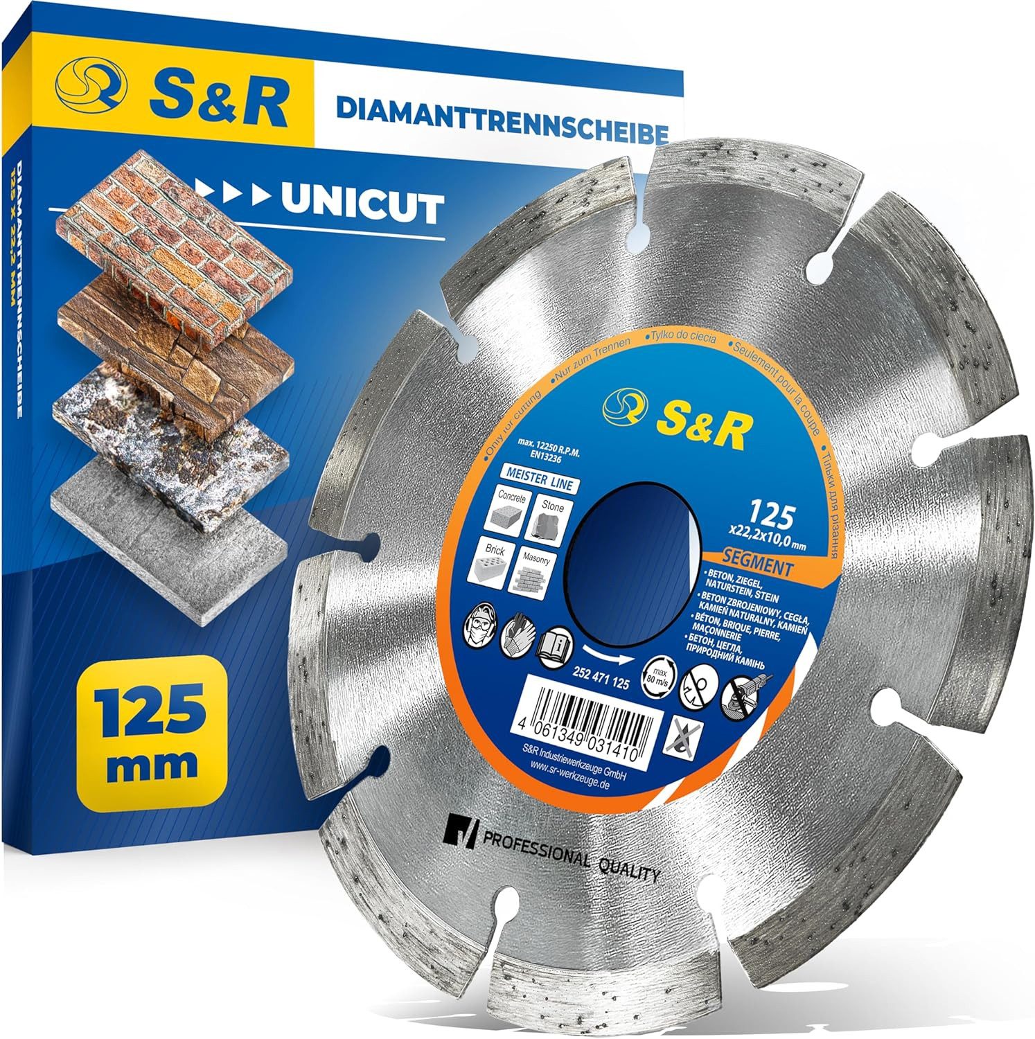 S&R Diamanttrennscheibe 125 x 22,2 mm, Profi Qualität, Hochleistungs-Segmente, UNIVERSAL, Ø 125 mm, zum Trennen von Beton, Naturstein, Stein, Ziegel, Mauerwerk