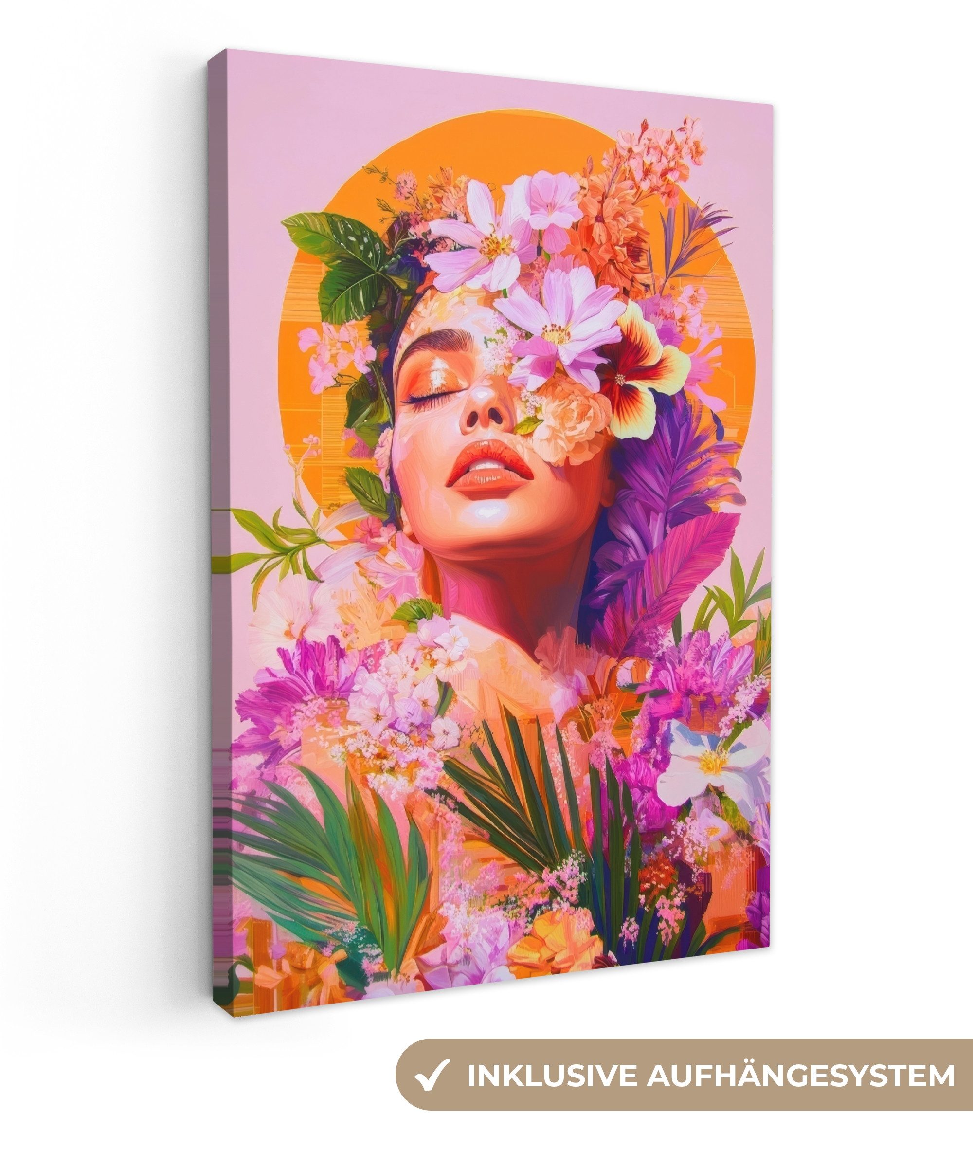 Leinwandbild Frau - Abstrakt - Kreis - Blumen