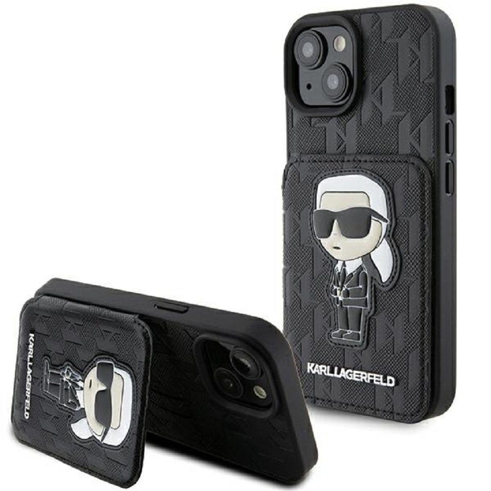 KARL LAGERFELD Handyhülle Case iPhone 15 aufstellbar Figur Kunstleder schwarz Logo 6,1 Zoll, Kantenschutz