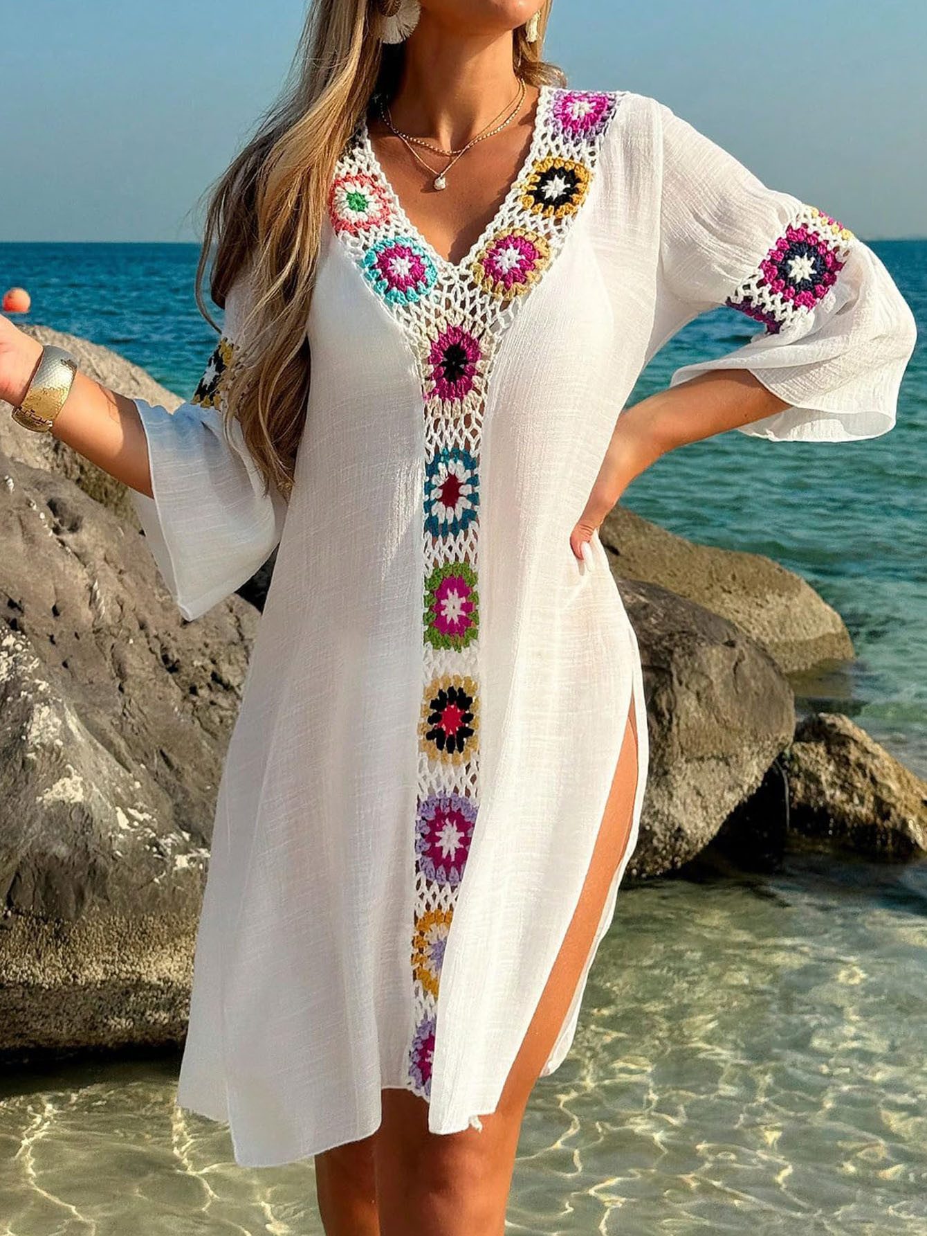 MOPUEA Strandkleid Floral gehäkelte Strandbluse, V-Ausschnitt Transparent (Strand Gehäkelte Strandkleider Damen Sommer Gehäkeltes Strandkleid, 1-tlg., Gehäkelt Boho Kurzarm Große Größen Swim Beach Cover Ups) Strandkleid Damen Bikini Cover Up Kleid