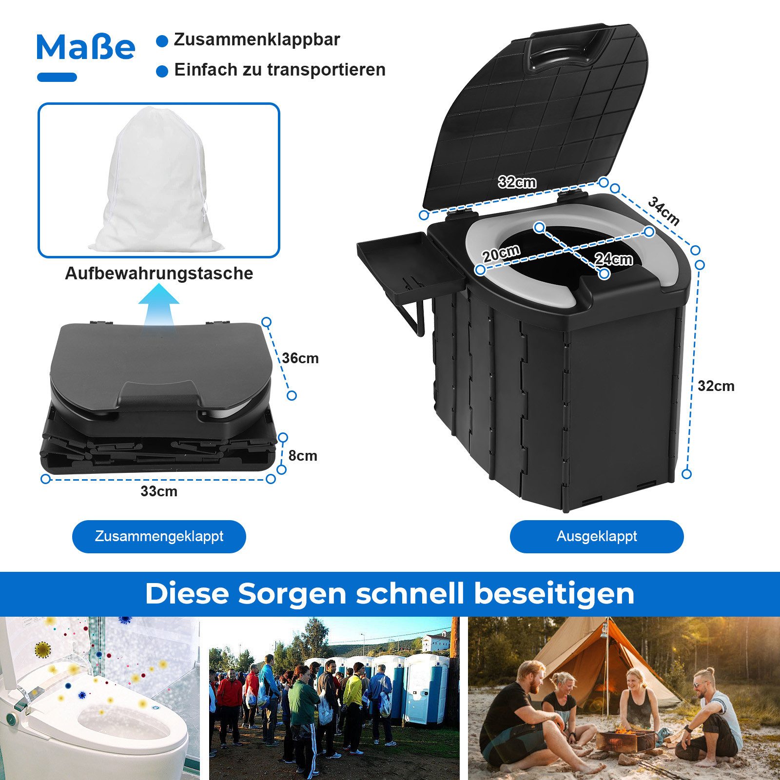 JOYOLEDER Campingtoilette Mobile Toilette, Trenntoilette, Tragbare Toilette für Draußen, (oder Drinnen, inkl. Abfallbeutel, faltbares Töpfchen für Autocamping)