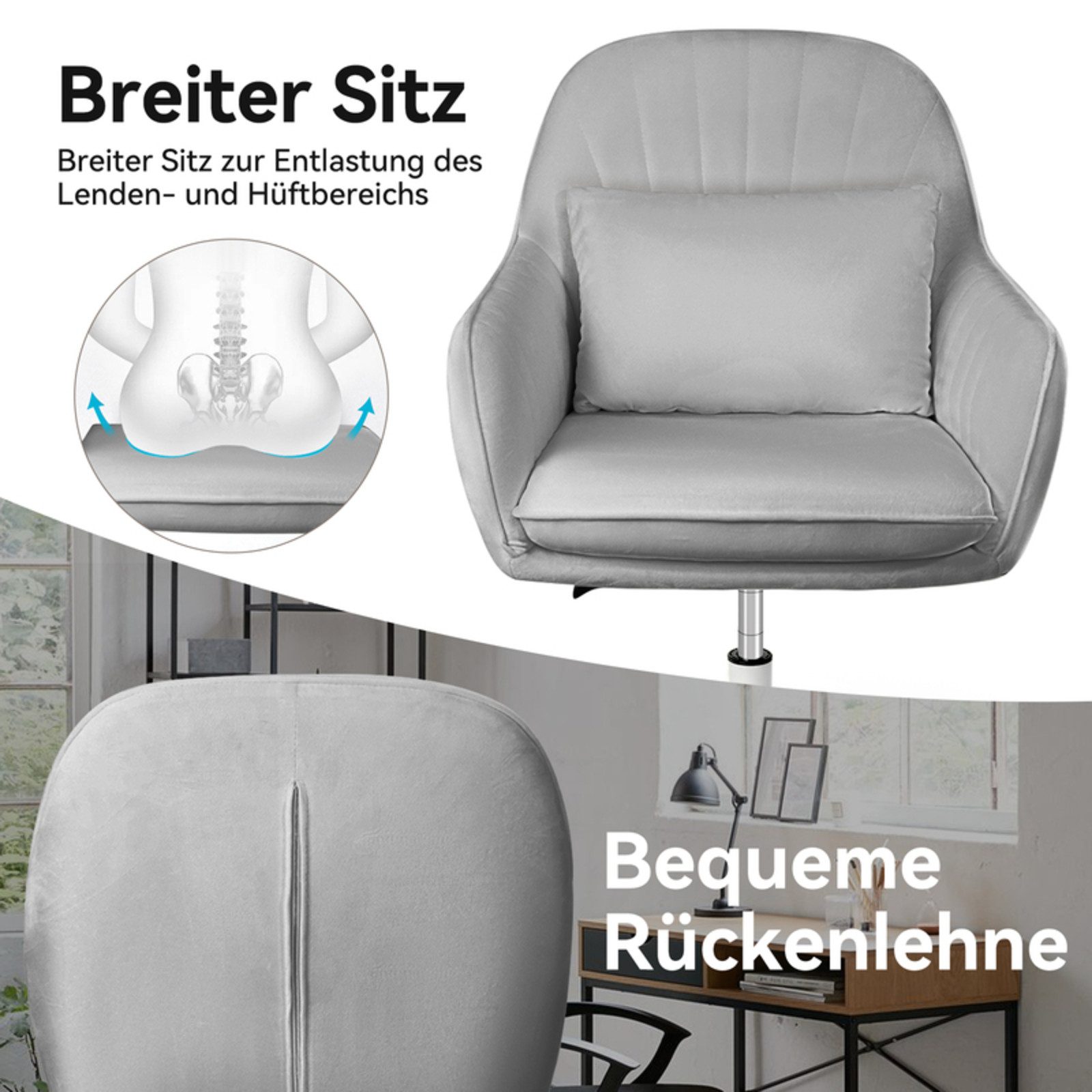 HawthyHome Bürostuhl Ergonomischer Homeoffice-Stuhl, 360° Drehbar & Höhenverstellbar (1 St), Samtbezug mit Kopfkissen, ideal für Arbeitszimmer & Schlafzimmer – Bild 4 von 5