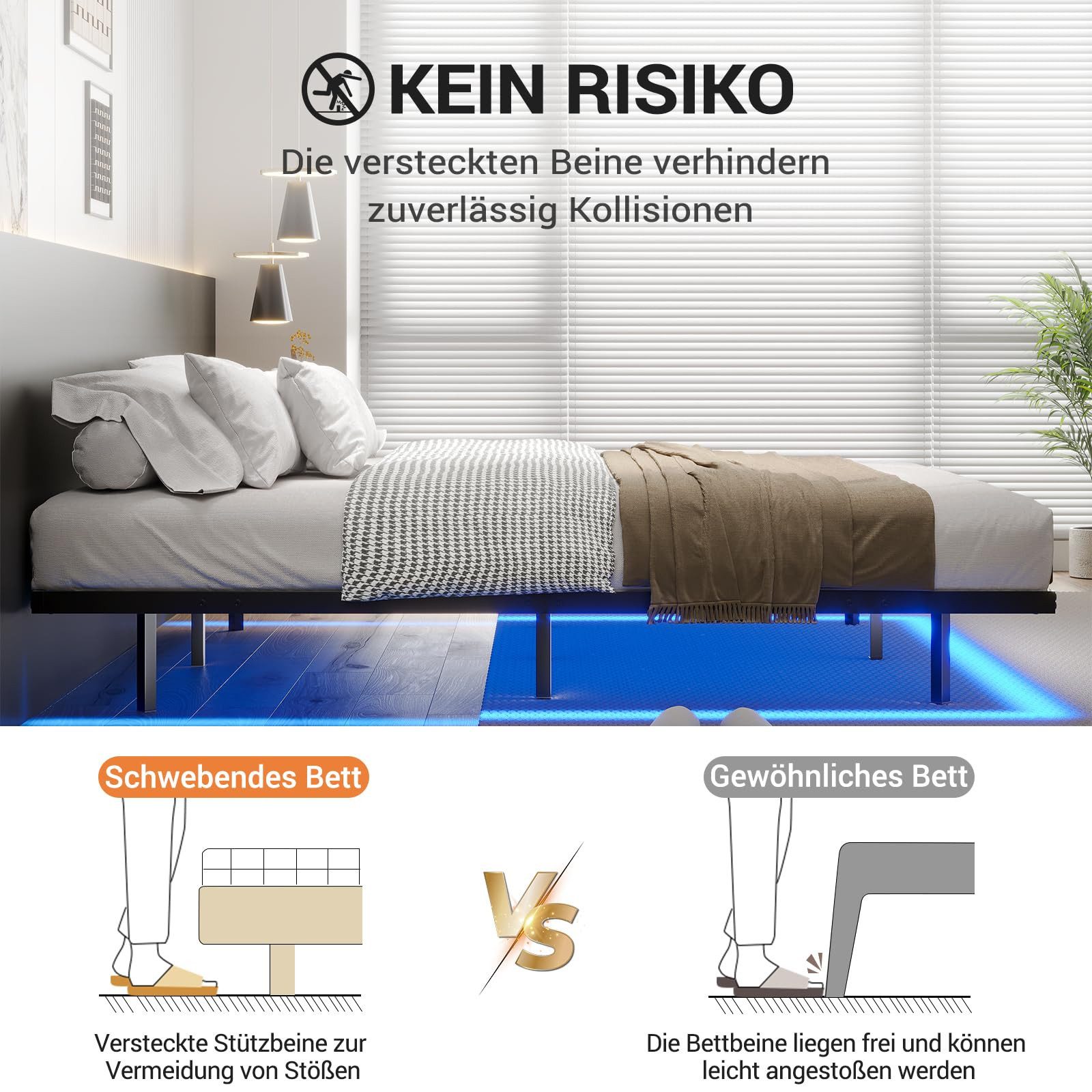 MSMASK Metallbett Schwebebett Bettgestell mit LED-Beleuchtung (Ohne Matratze), 90x200cm