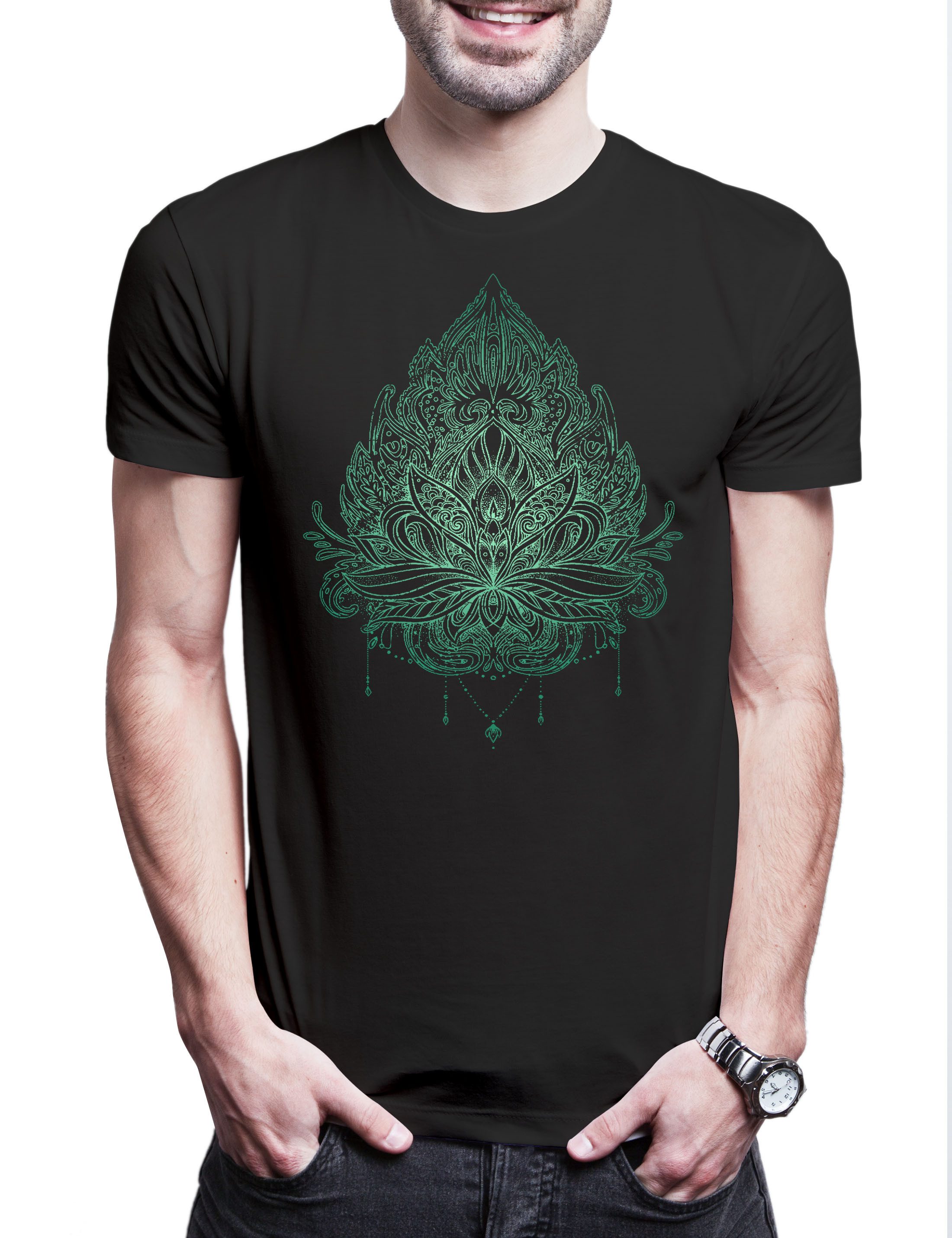Urban Backwoods Print-Shirt Green Lotus And Prayer Beads Herren T-Shirt Sutra Tantra OM Shiva (1-tlg) Buddhismus Buddha Pilates Yoga