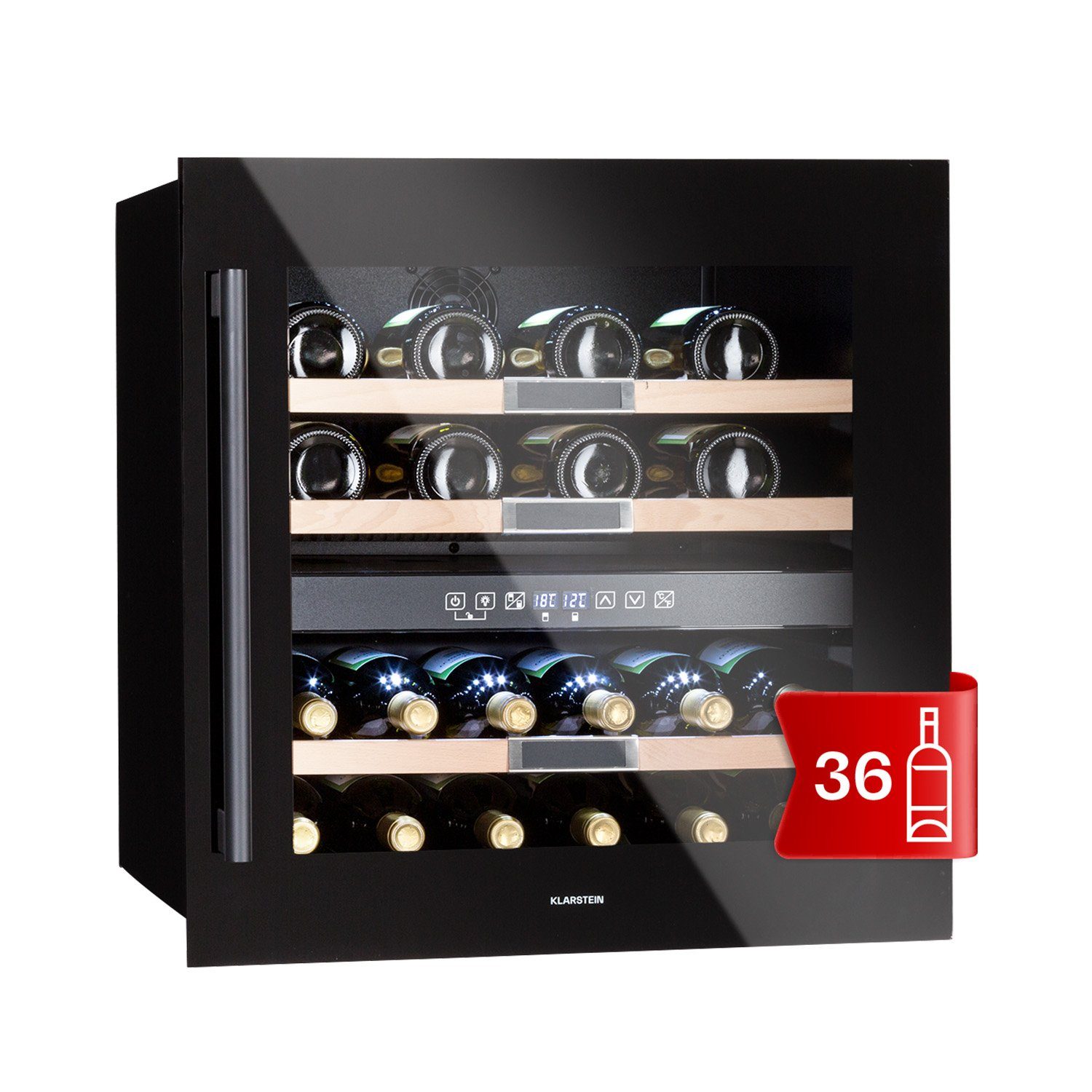 Klarstein Weinkühlschrank Vinsider 36 Onyx Edition Weinkühlschrank 85 L 36 Fl 2 Zonen 41 dB, für 36 Standardflaschen á 0,75l,Flaschenkühlschrank Weintemperierschrank Weinschrank Einbau 36 Fl.
