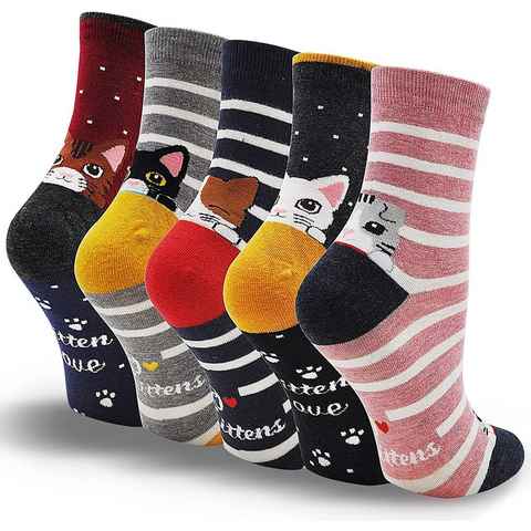 Alster Herz Freizeitsocken 5x lustige Socken, Katzenmotiv, bunt, trendy, süßes Design, A0344 (5-Paar) atmungsaktiv