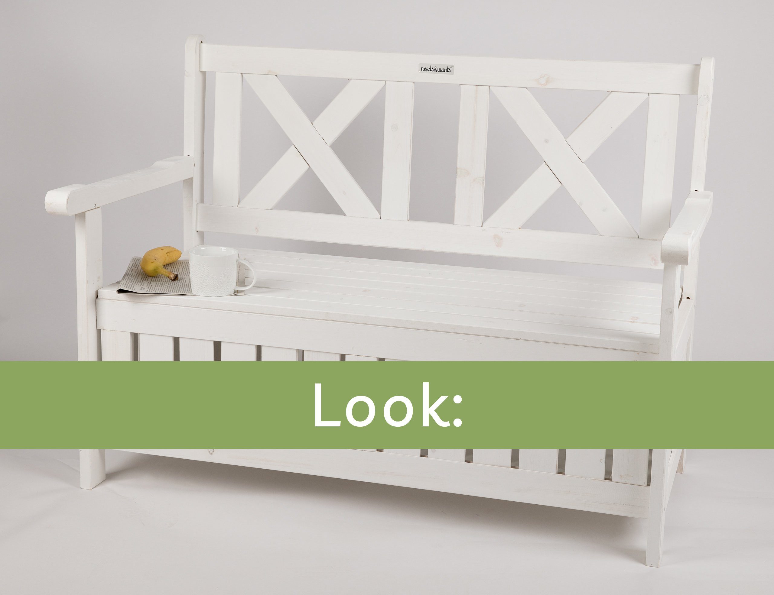 needs&wants® Gartenbank Holz wetterfest mit Stauraum, Truhenbank Holzbank Sitzbank Truhe weiß, mit Textil Abdeckung 2-Sitzer Parkbank Garten Outdoor klassisch massiv